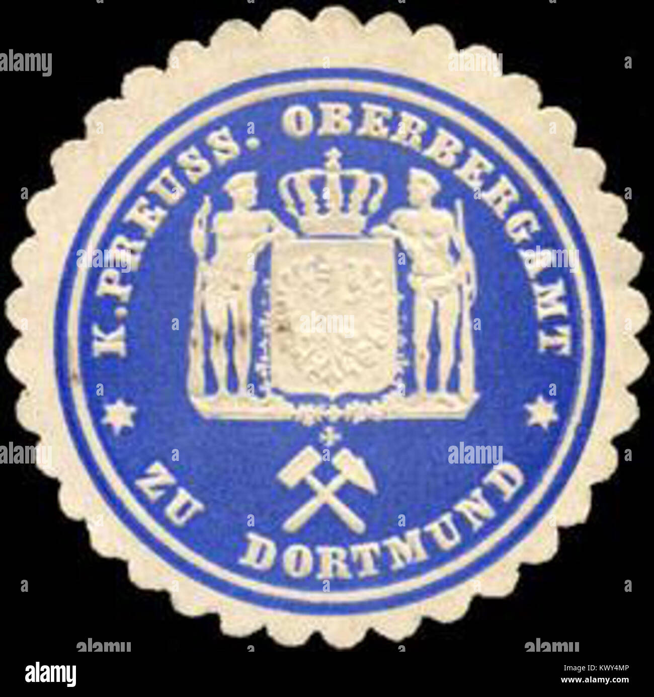 Sceau de la Royal Prussian Mining Authority à Dortmund, utilisé pour authentifier les documents et la correspondance liés à l'administration minière et à la gestion des ressources minérales en Prusse du XIXe siècle. Banque D'Images