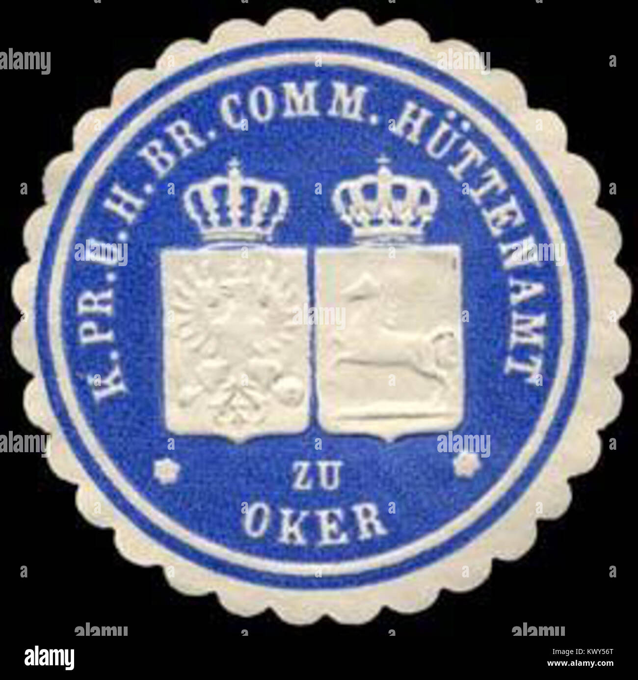 Sceau du Royal Prussian and H. Br. Commercial Mining Office à Oker, Allemagne, utilisé pour authentifier les documents liés à l'administration minière, la métallurgie et les opérations industrielles au XIXe siècle. Banque D'Images