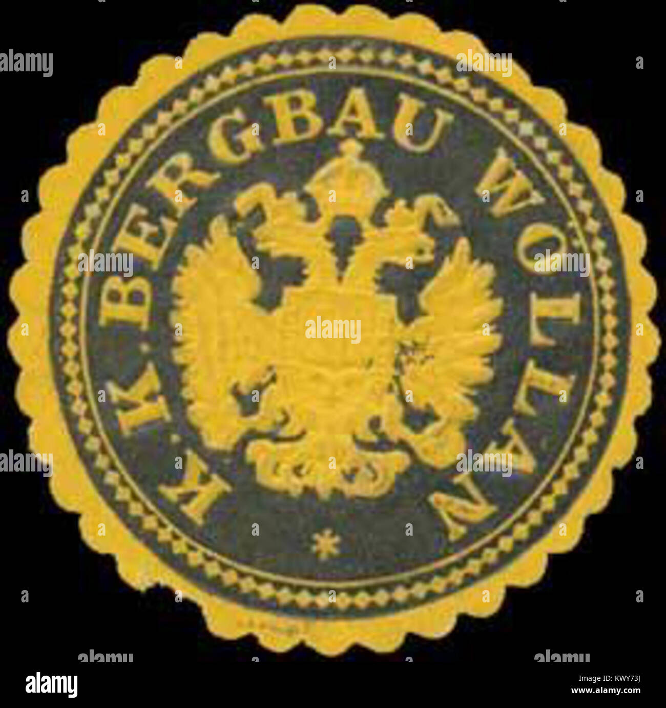 Sceau de l’Autorité minière impériale et royale Wllan, symbolisant l’administration minière historique de l’Autriche et sa réglementation de l’extraction minière à l’époque austro-hongroise. Banque D'Images