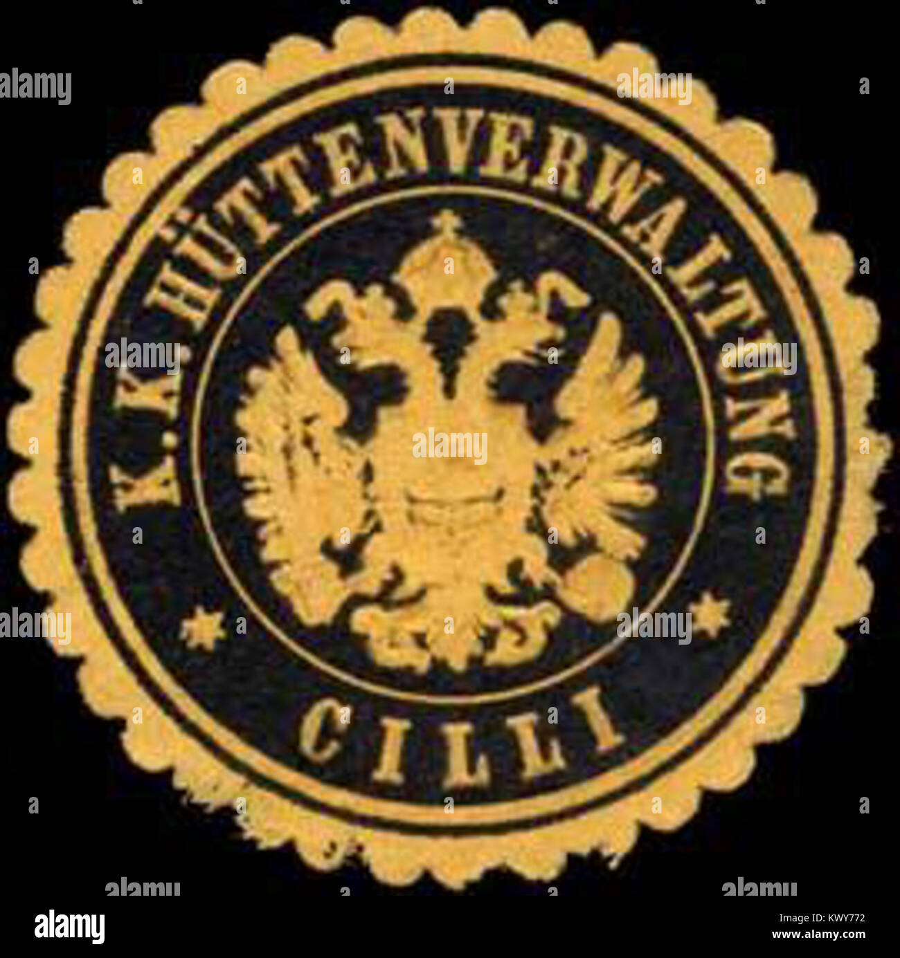 Un sceau de l'Administration Impériale des mines (Hüttenverwaltung) à Cilli, Autriche-Hongrie, représentant la supervision officielle des opérations de fonderie et d'exploitation minière dans la région. Banque D'Images