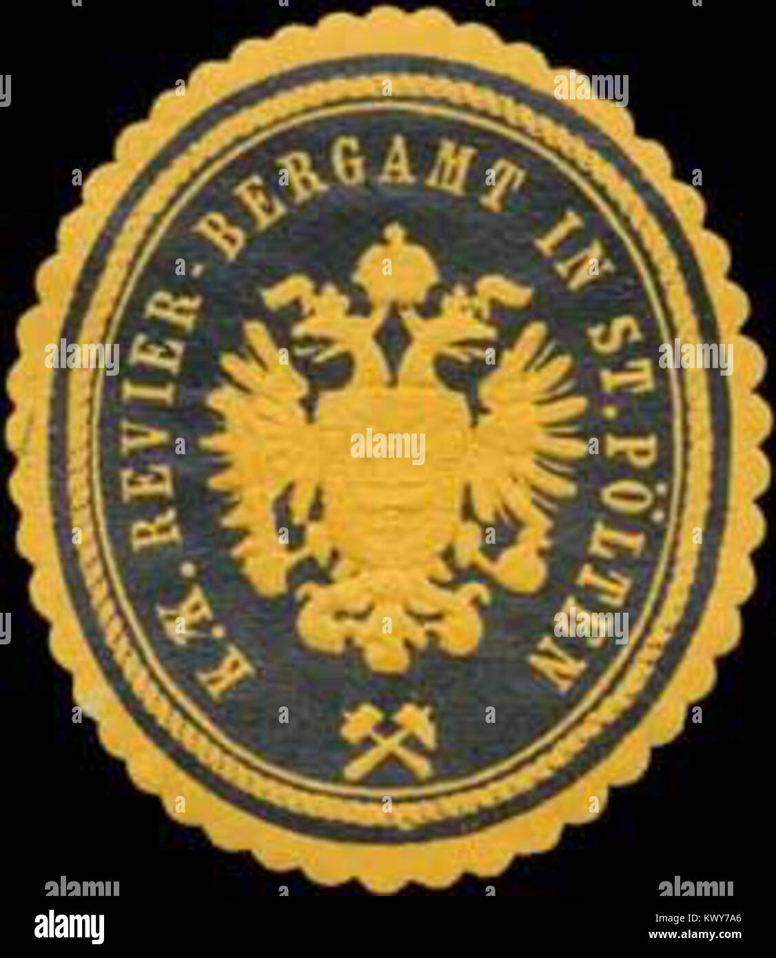 Timbre-sceau en papier émis par le bureau du district minier impérial (Revier-Bergamt) à Pölten sous la monarchie austro-hongroise, utilisé pour sceller les documents de l'administration minière. Banque D'Images