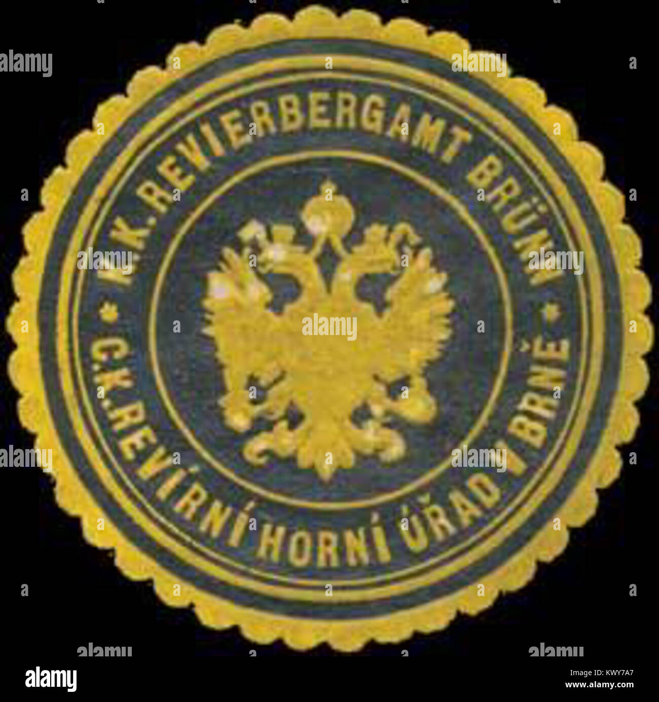 Sceau du bureau minier du district impérial et royal de Brno, représentant l'autorité d'administration minière de l'Empire austro-hongrois. Banque D'Images