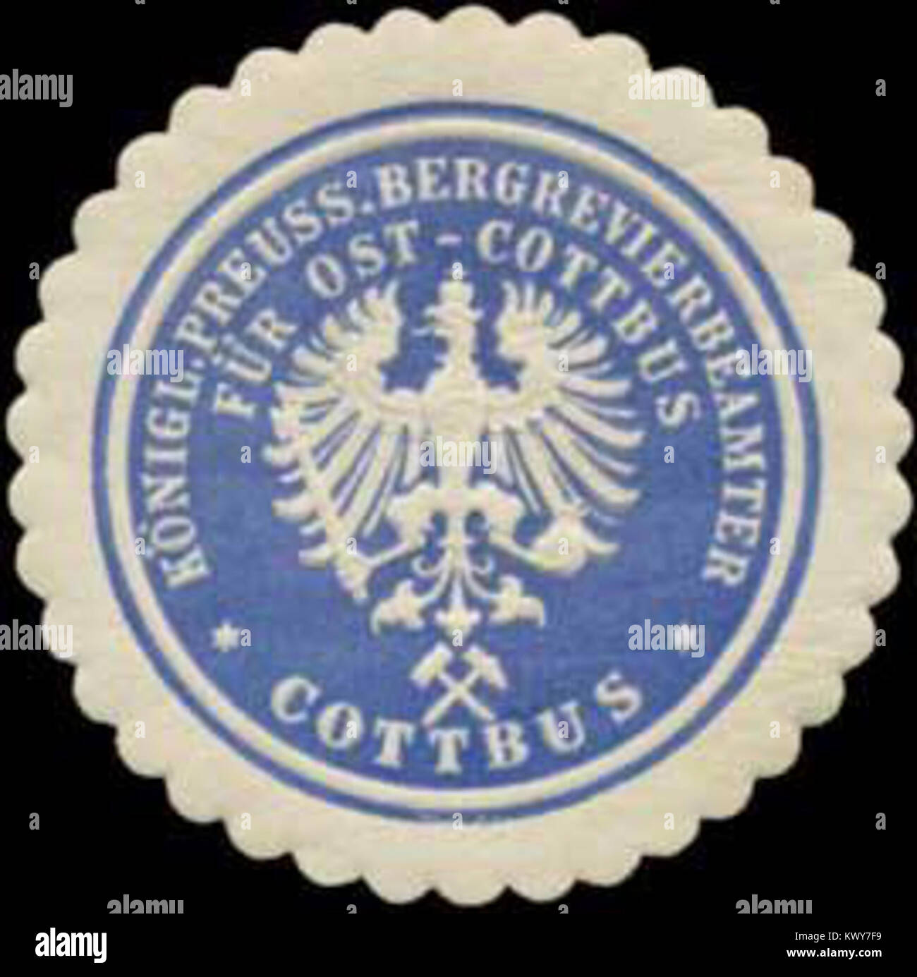 Sceau historique du Royal Prussian Mining Officer (Bergrevierbeamter) pour Ost-Cottbus, Allemagne, représentant l'autorité administrative dans les opérations minières au XIXe siècle. Banque D'Images