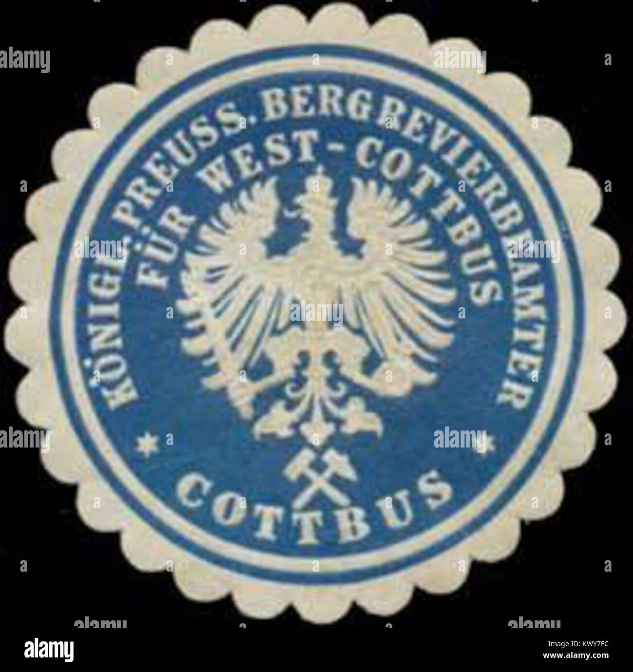 Un sceau de l'autorité minière prussienne pour West-Cottbus, authentifiant les documents officiels liés à l'administration minière et aux ressources industrielles. Banque D'Images