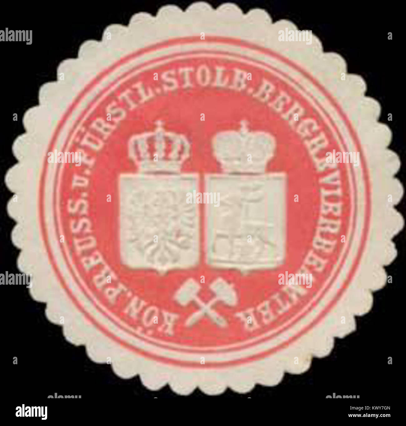 Un sceau d'un fonctionnaire du Royal Prussian Mining Office (Bergrevierbeamter) associé au district de Stolberg, utilisé pour l'administration minière et la documentation officielle au XIXe siècle. Banque D'Images