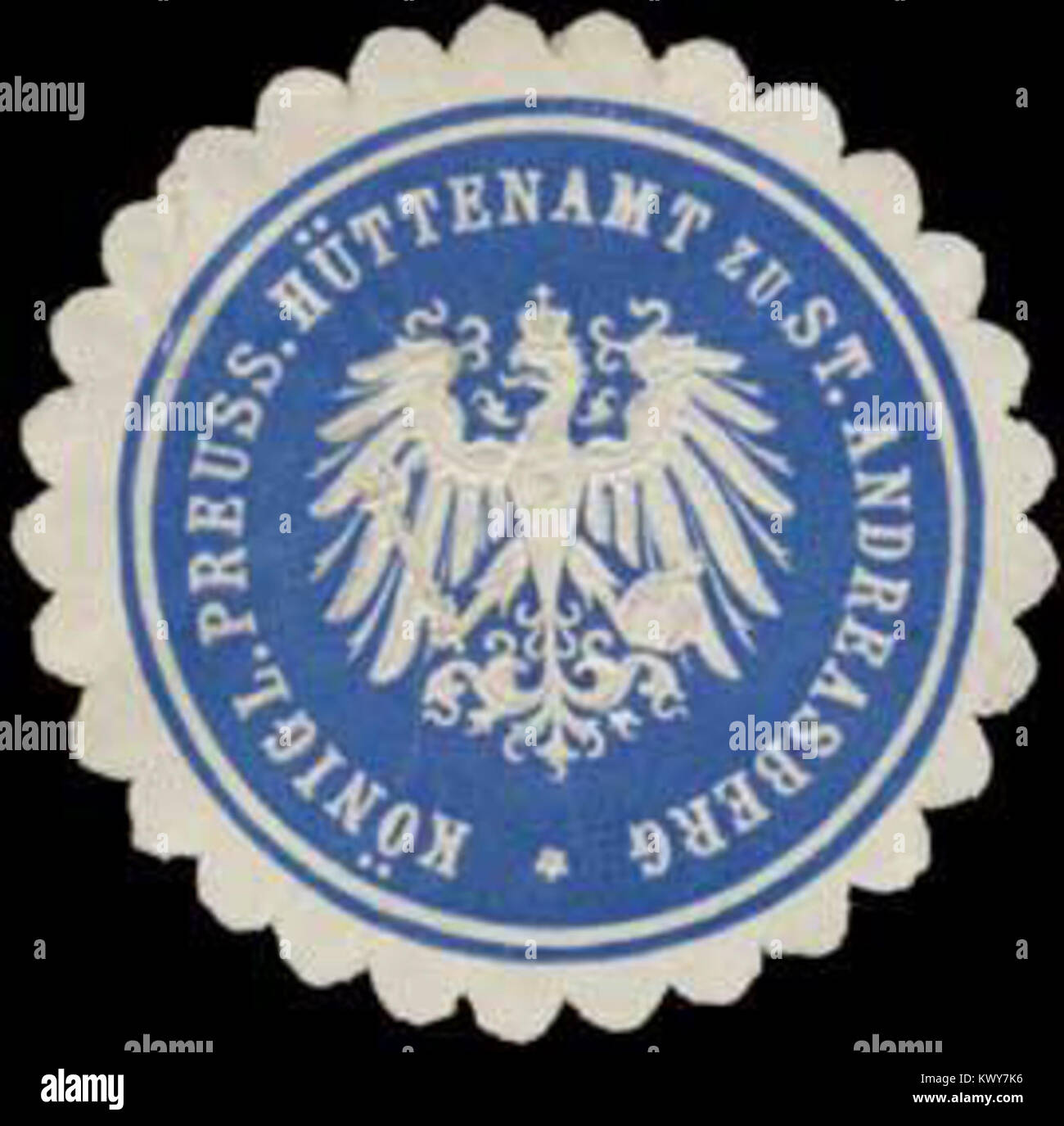 Sceau du Royal Prussian Mining Office in qualifié Andreasberg, utilisé pour la documentation administrative et officielle relative aux opérations minières en Allemagne du XIXe siècle. Banque D'Images