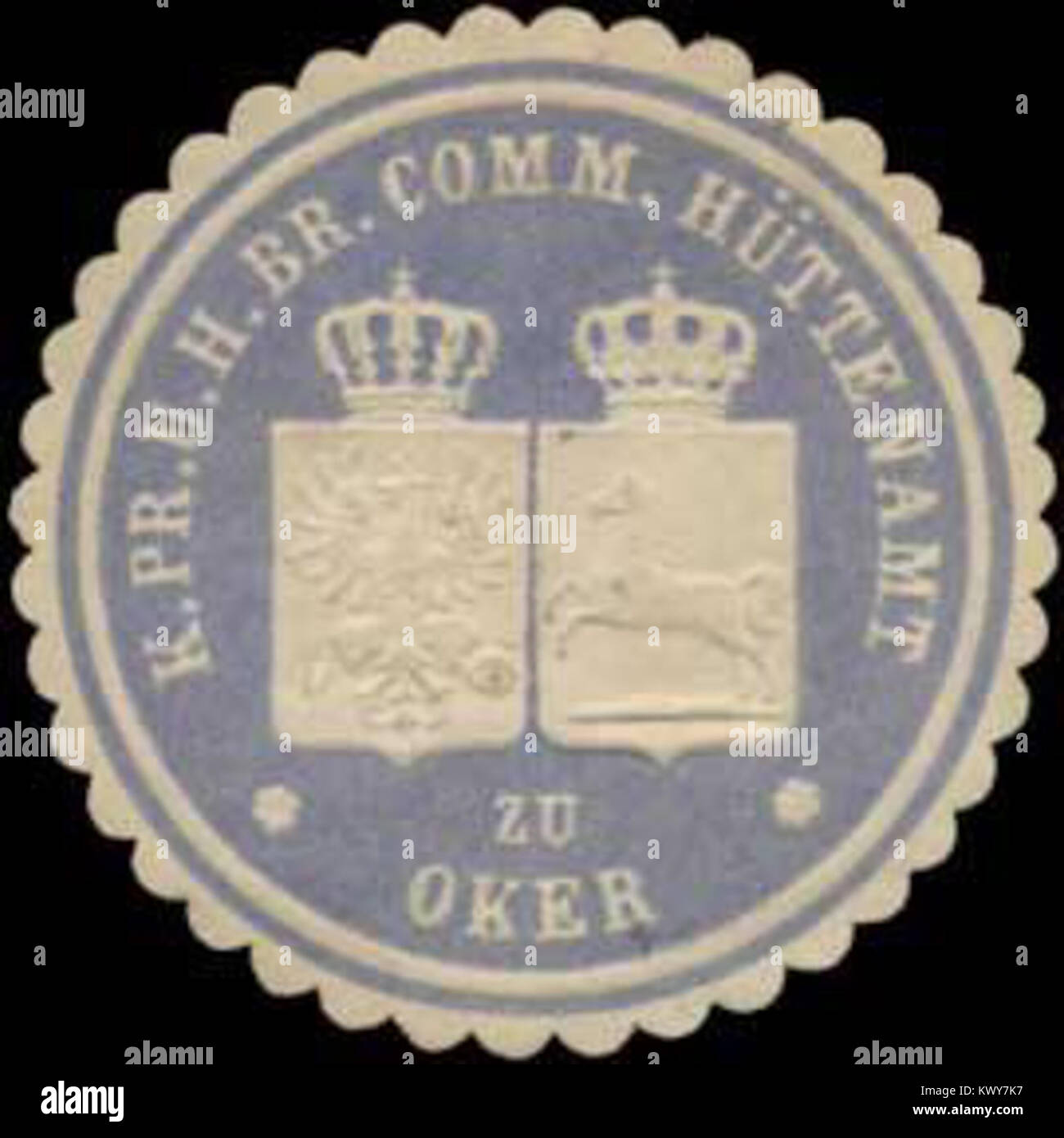 Timbre-sceau du Bureau royal des mines de Prusse (Hüttenamt) à Oker, utilisé pour sceller des documents relatifs à l'administration minière sous l'autorité royale prussienne. Banque D'Images