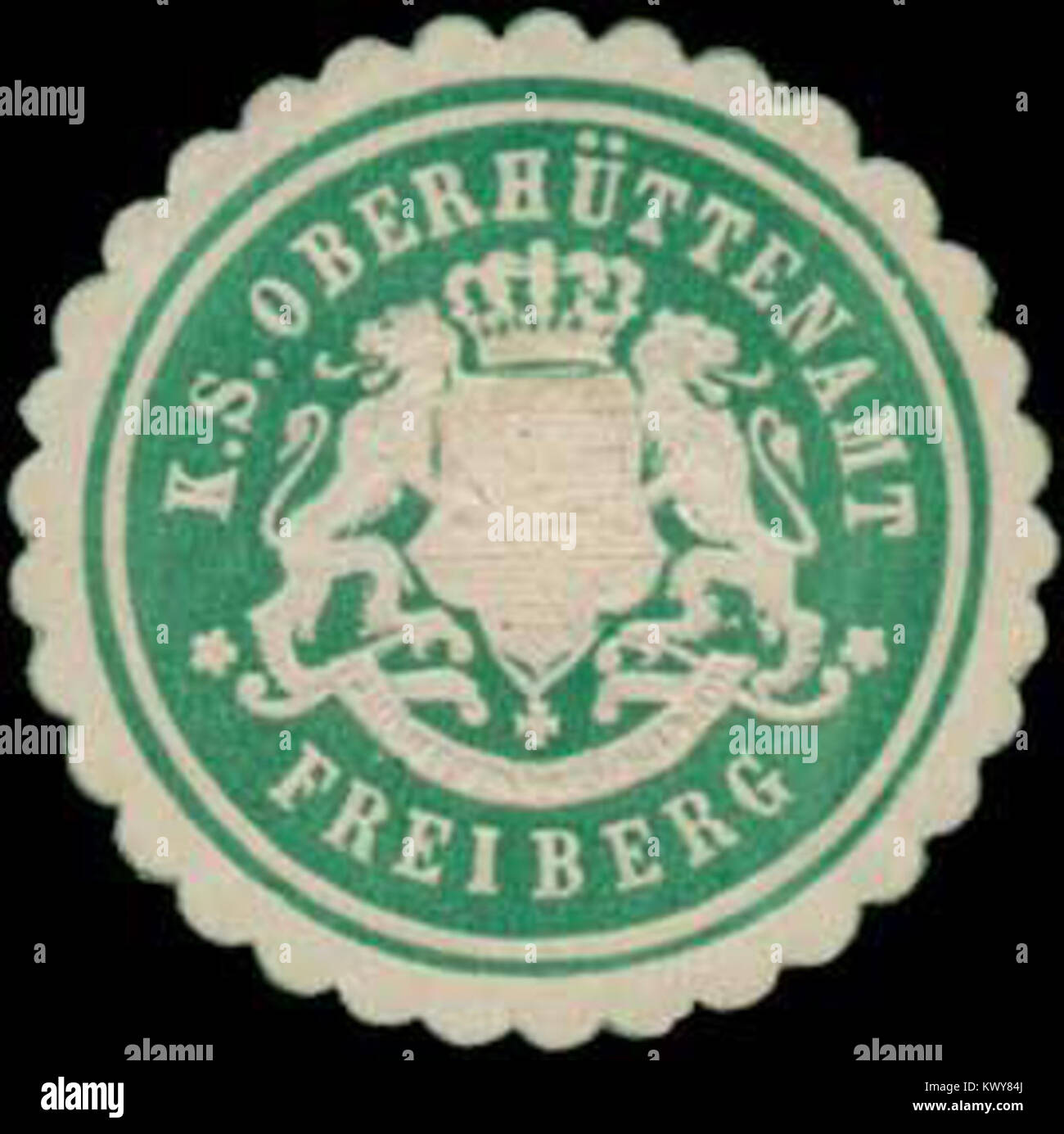 Ce sceau provient du Royal Saxon Oberhüttenamt à Freiberg, en Saxe, utilisé pour les documents administratifs miniers et métallurgiques officiels. Banque D'Images