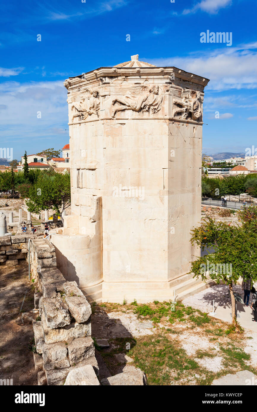 La Tour des vents ou de l'Horologion d Kyrrhestes Andronikos est un Pentelic octogonale en horloge dans l'Agora romaine d'Athènes, Grèce. Banque D'Images