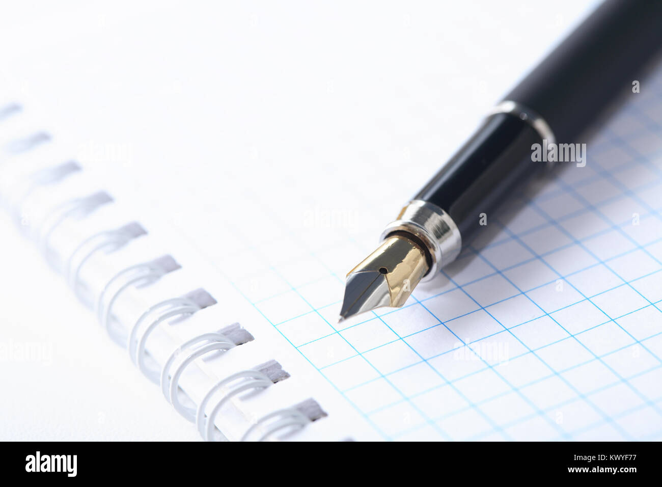 Gros plan extrême de stylo blanc couché sur carnet à spirales Banque D'Images