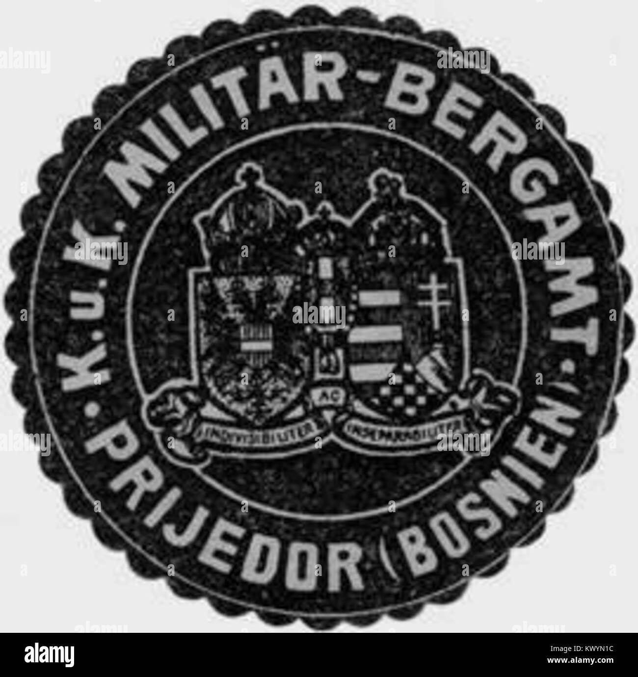 Il s'agit d'une marque de scellement du K.U. Military Mining Office à Prijedor, en Bosnie, utilisée à l'époque austro-hongroise pour authentifier les documents officiels liés à l'exploitation minière et à la surveillance militaire. Banque D'Images