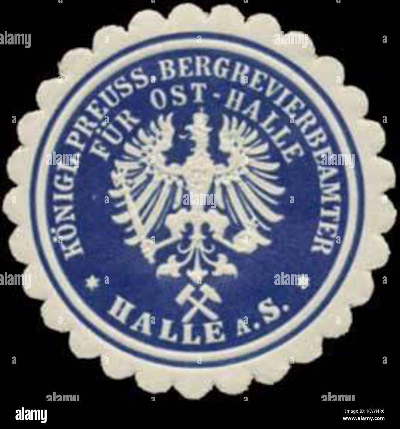 Un sceau historique de l'officier du district minier royal de Prusse pour East Halle an der Saale, représentant l'administration minière et la supervision des opérations minières régionales. Banque D'Images