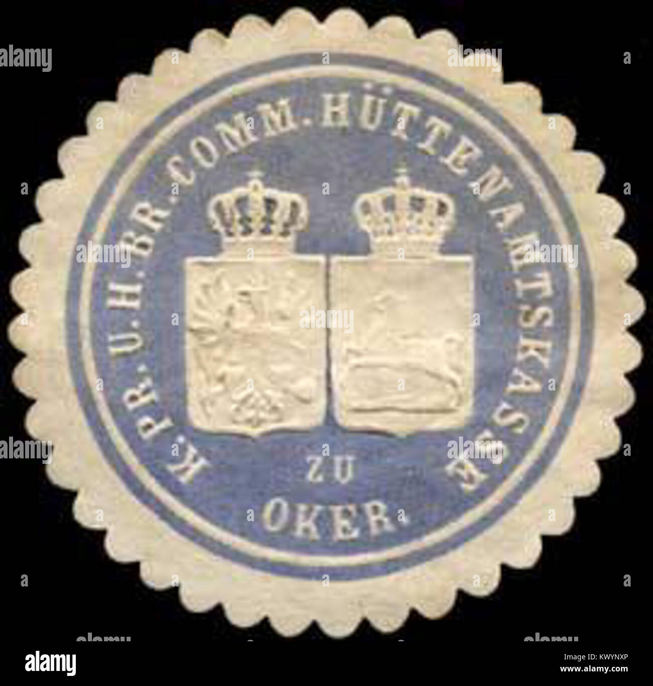 Timbre de scellement du Trésor du Smelter Office du commissaire royal des mines de Prusse et de Hesse à Oker, imprimé sur papier vers 1850-1923, utilisé pour sécuriser les documents officiels. Banque D'Images