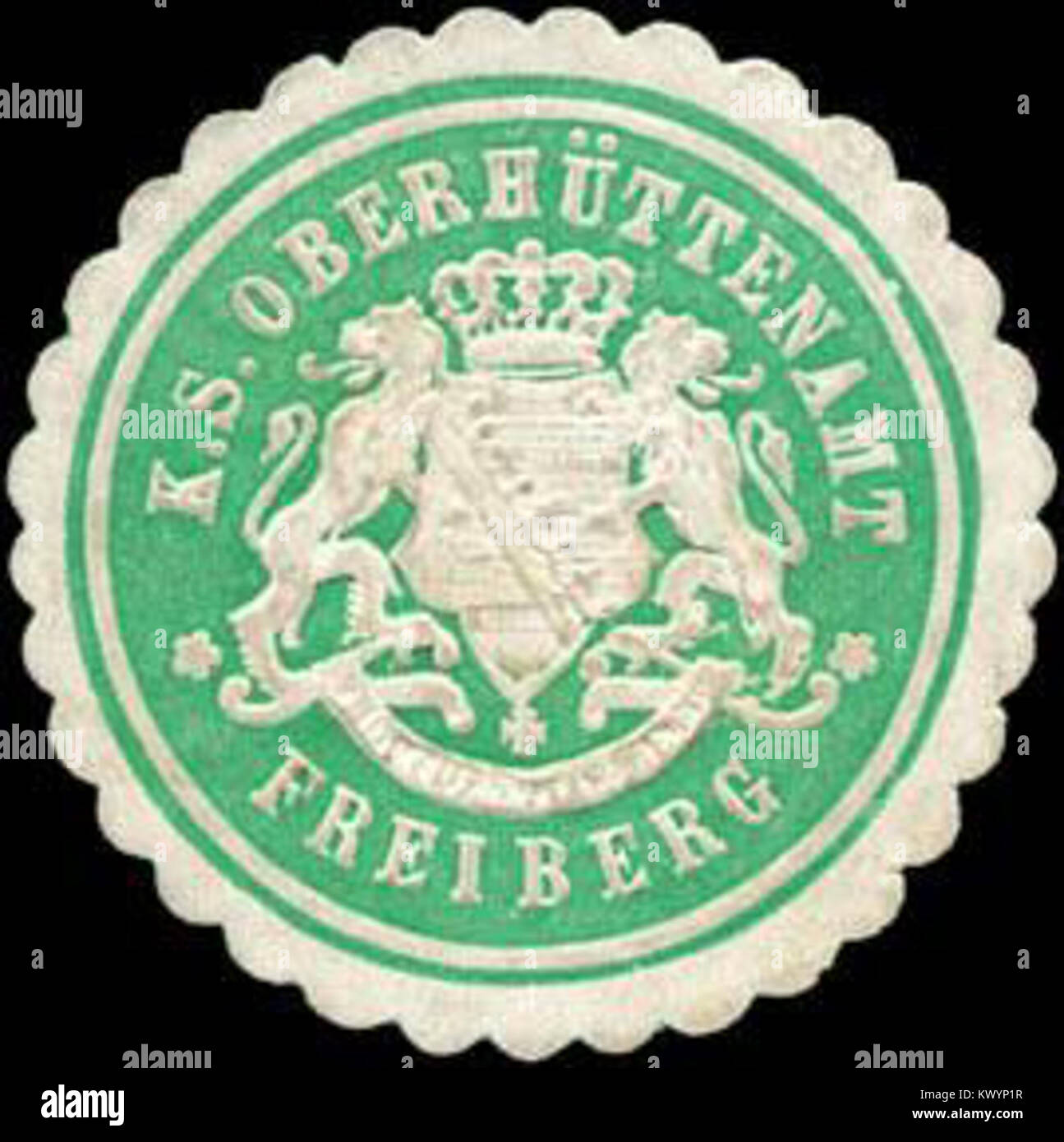 Cette marque de sceau de l'Office minier de Saxon à Freiberg, en Saxe, a été utilisée pour des documents officiels liés à l'exploitation minière, à la métallurgie et à l'administration industrielle régionale au cours du XIXe siècle. Banque D'Images