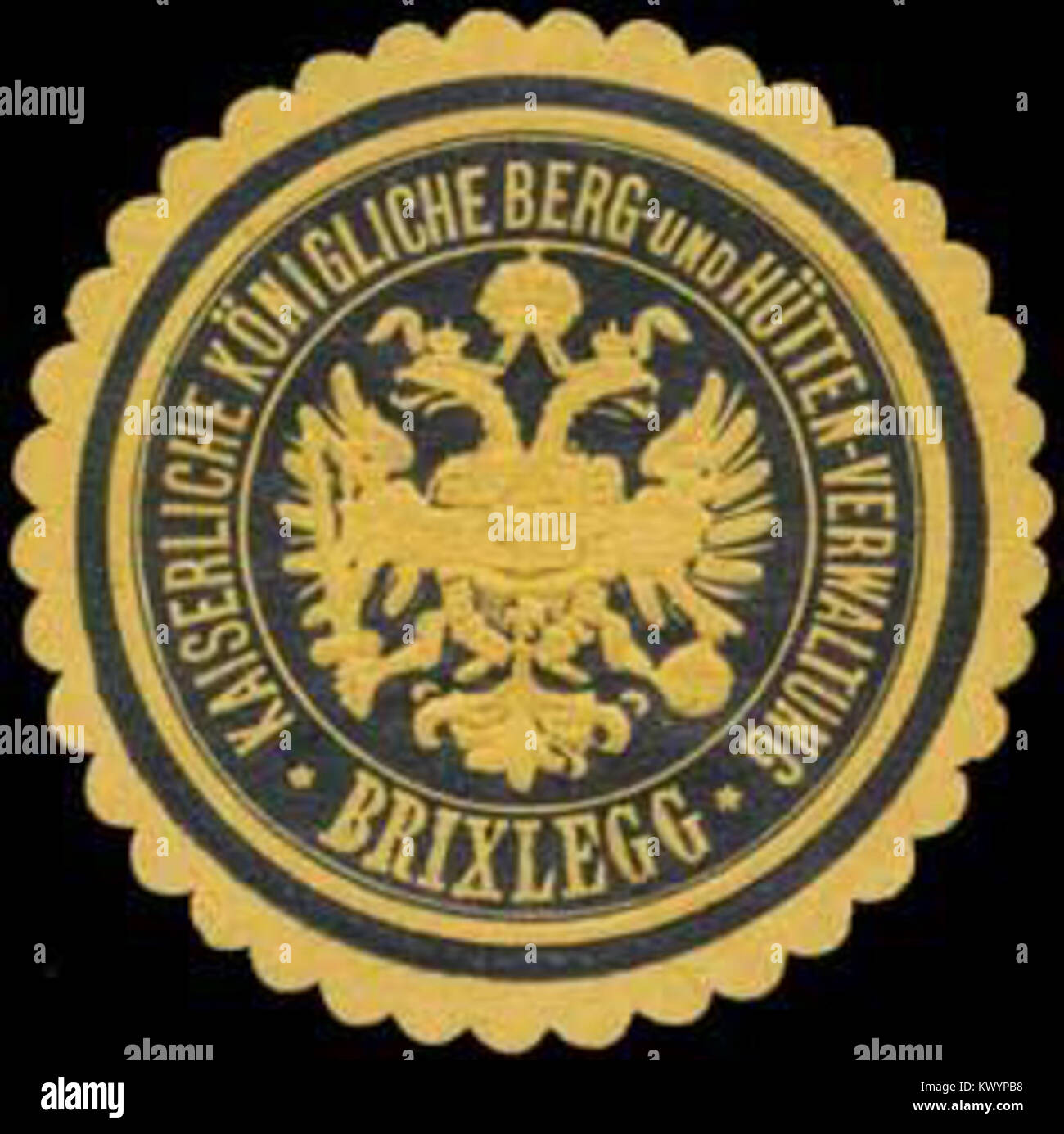 Ce sceau représente l'Administration impériale et royale des mines et de la fonte de Brixlegg, en Autriche. Il a été utilisé à des fins administratives et juridiques liées aux opérations minières dans la région. Banque D'Images