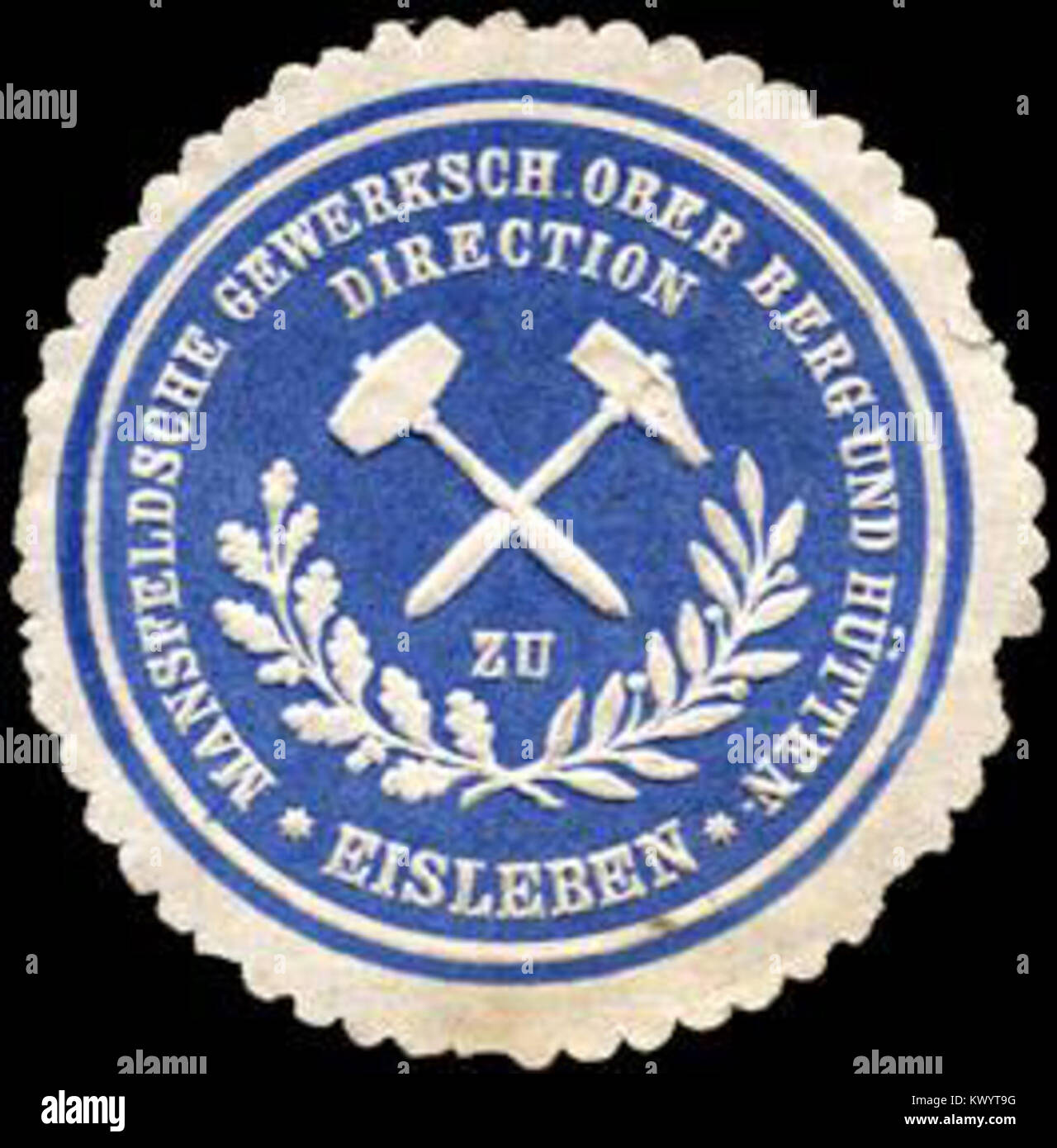 Ce sceau appartient à l'Administration minière et métallurgique de Mansfeld à Eisleben, en Allemagne, utilisé pour la documentation minière et administrative officielle du XIXe siècle. Banque D'Images