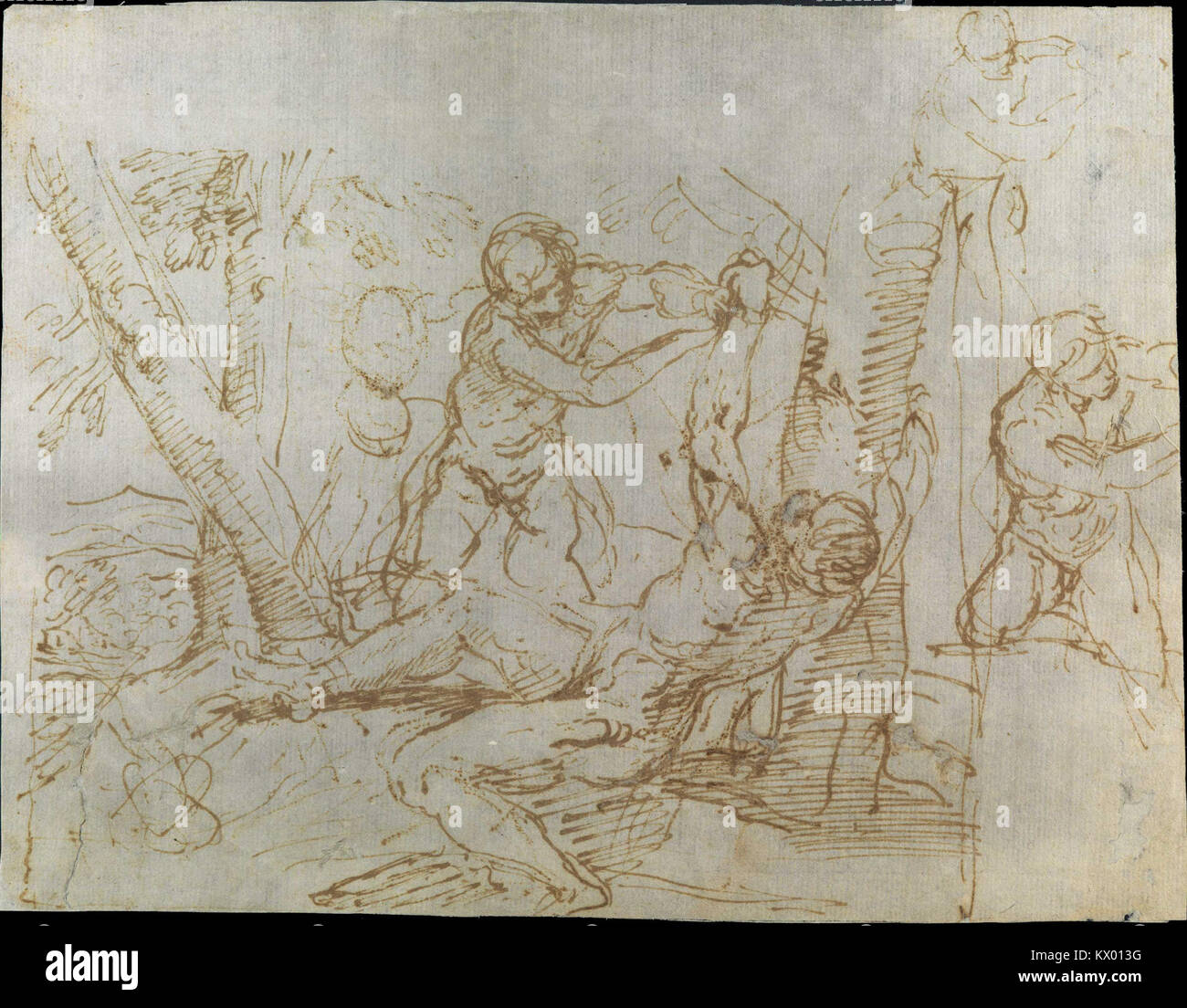 Apolo e Mersias de Simone Cantarini dépeint le conte mythologique d'Apollon et de Mersias, mettant en valeur l'habileté de Cantarini dans l'art baroque et son attention au mouvement dynamique et à l'intensité émotionnelle dans la mythologie classique. Banque D'Images