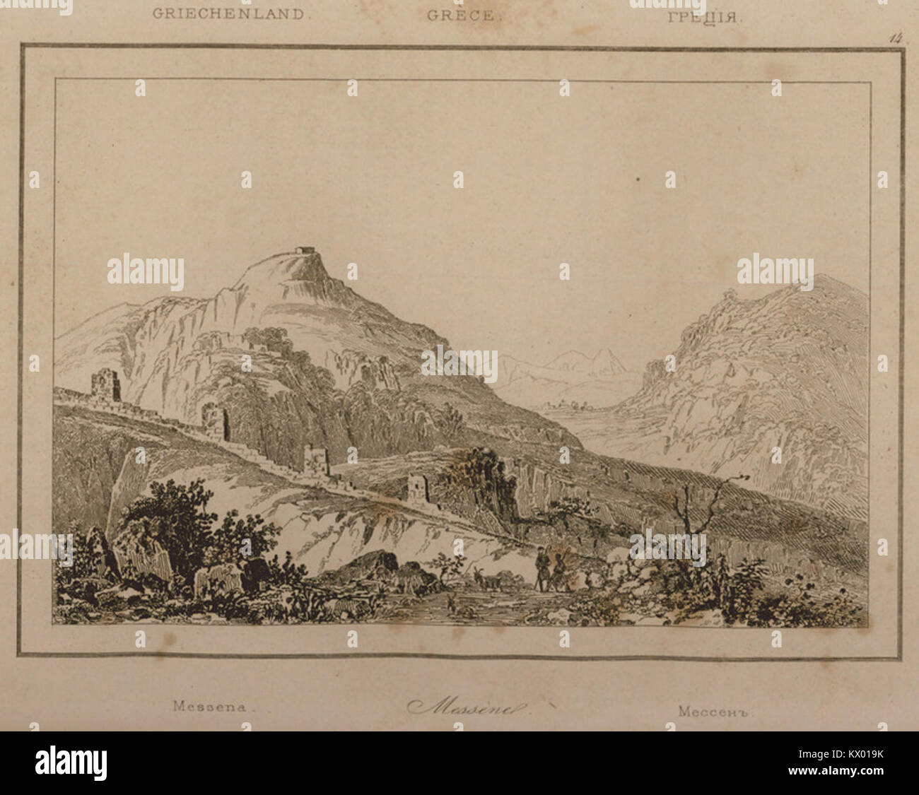 Une représentation historique de Messène par François Charles Hugues Laurent Pouqueville (1835), montrant le plan urbain, les bâtiments et les caractéristiques du paysage régional. Banque D'Images