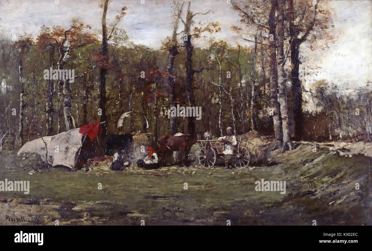 Le tableau de 1873 Cigánytábor de Mihály Munkácsy représente un camp rom, montrant la vie quotidienne, l'habillement et les pratiques culturelles du groupe dans l'Europe du XIXe siècle. Banque D'Images