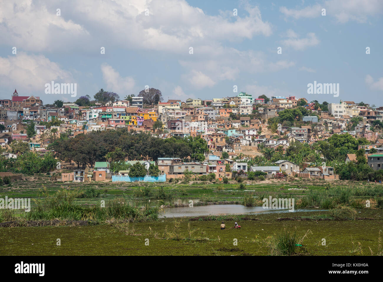 Maisons d'habitation couvrent le flanc de la colline. Antananarivo, Madagascar, l'Afrique. Banque D'Images