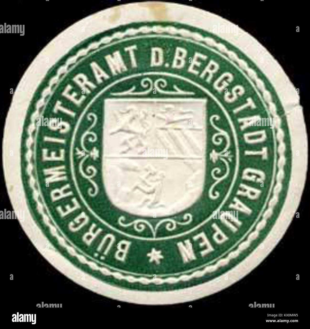 Sceau officiel du bureau du maire de Graupen, Allemagne, représentant l'administration municipale et la gouvernance dans une ville minière Banque D'Images