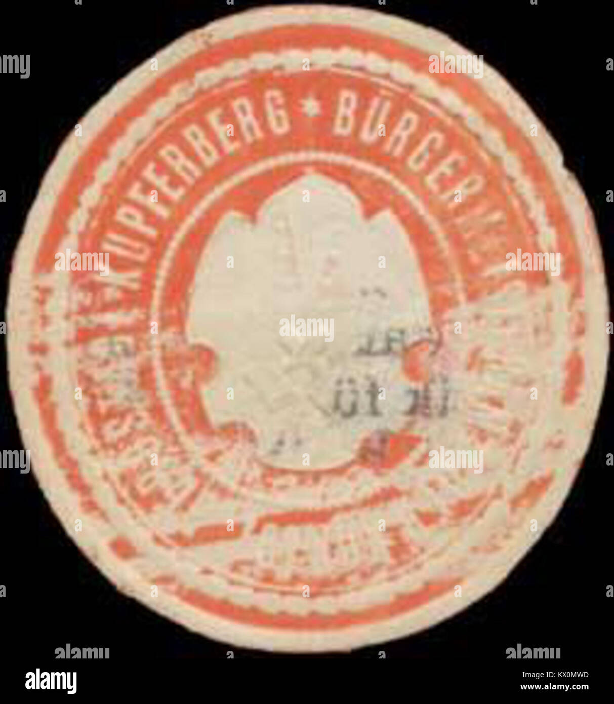 Ce sceau représente le bureau du maire de la ville minière royale de Kupferberg, en Allemagne, soulignant l’administration locale et la gouvernance liée à l’exploitation minière. Banque D'Images