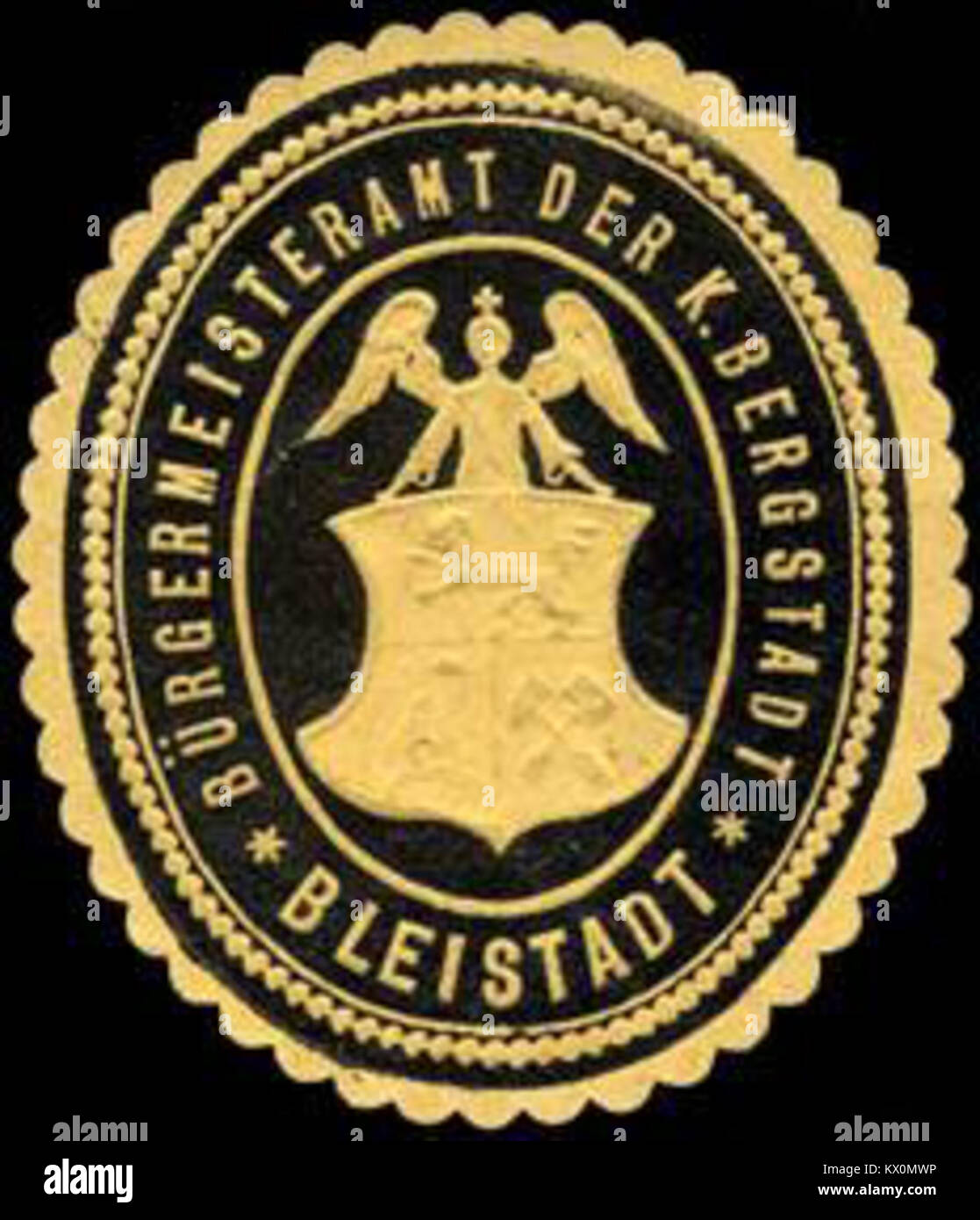 Ce sceau du bureau du maire de la ville minière royale de Bleistadt représente l'autorité administrative et la gouvernance officielle dans la ville historique allemande. Banque D'Images
