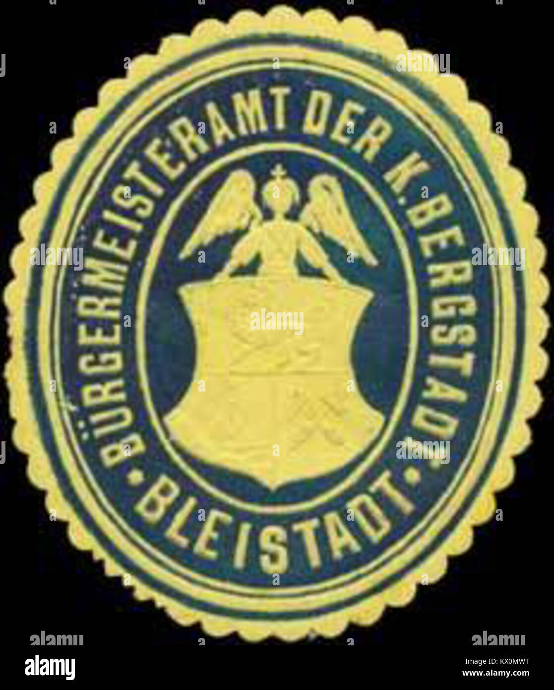 Sceau du bureau du maire de la ville minière royale de Bleistadt, Allemagne, représentant l'autorité locale et les fonctions administratives dans une région minière historique. Banque D'Images