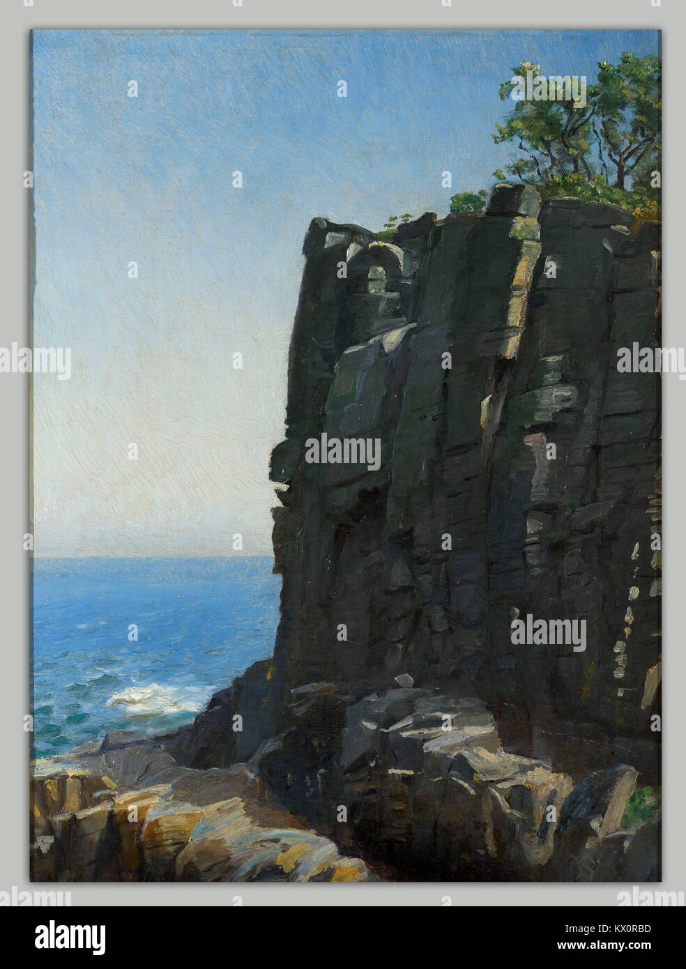 La peinture à l'huile sur toile intitulée The Sanctuary Cliffs at Rø (c.1890) de l'artiste danois Michael Ancher représente une scène de falaise côtière à Bornholm, au Danemark, mettant l'accent sur la lumière naturelle et le terrain rocheux accidenté. Banque D'Images