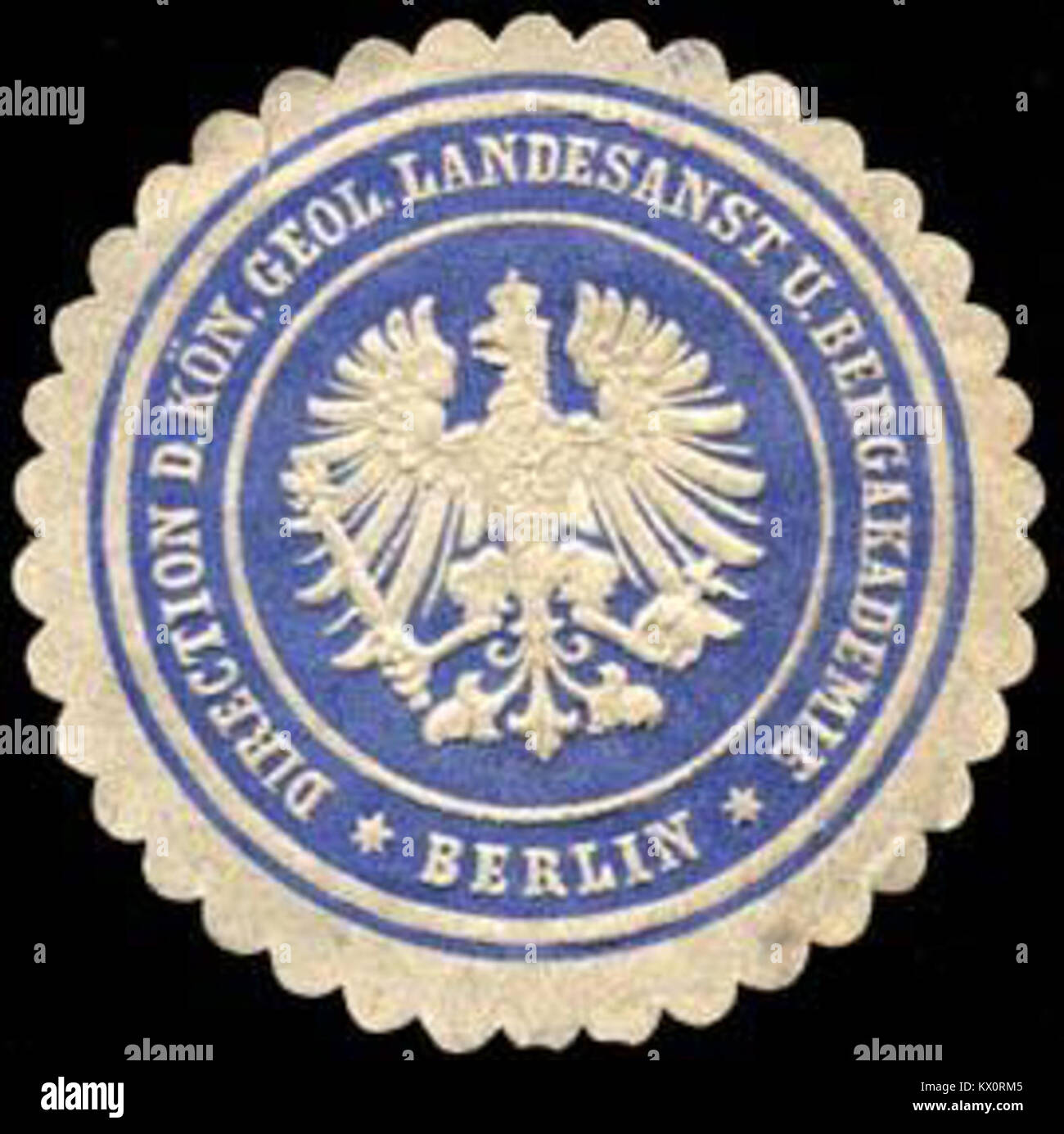 Sceau de l'Institut royal géologique et de l'Académie minière, Berlin, Allemagne, représentant l'autorité scientifique et l'importance institutionnelle historique au XIXe siècle. Banque D'Images