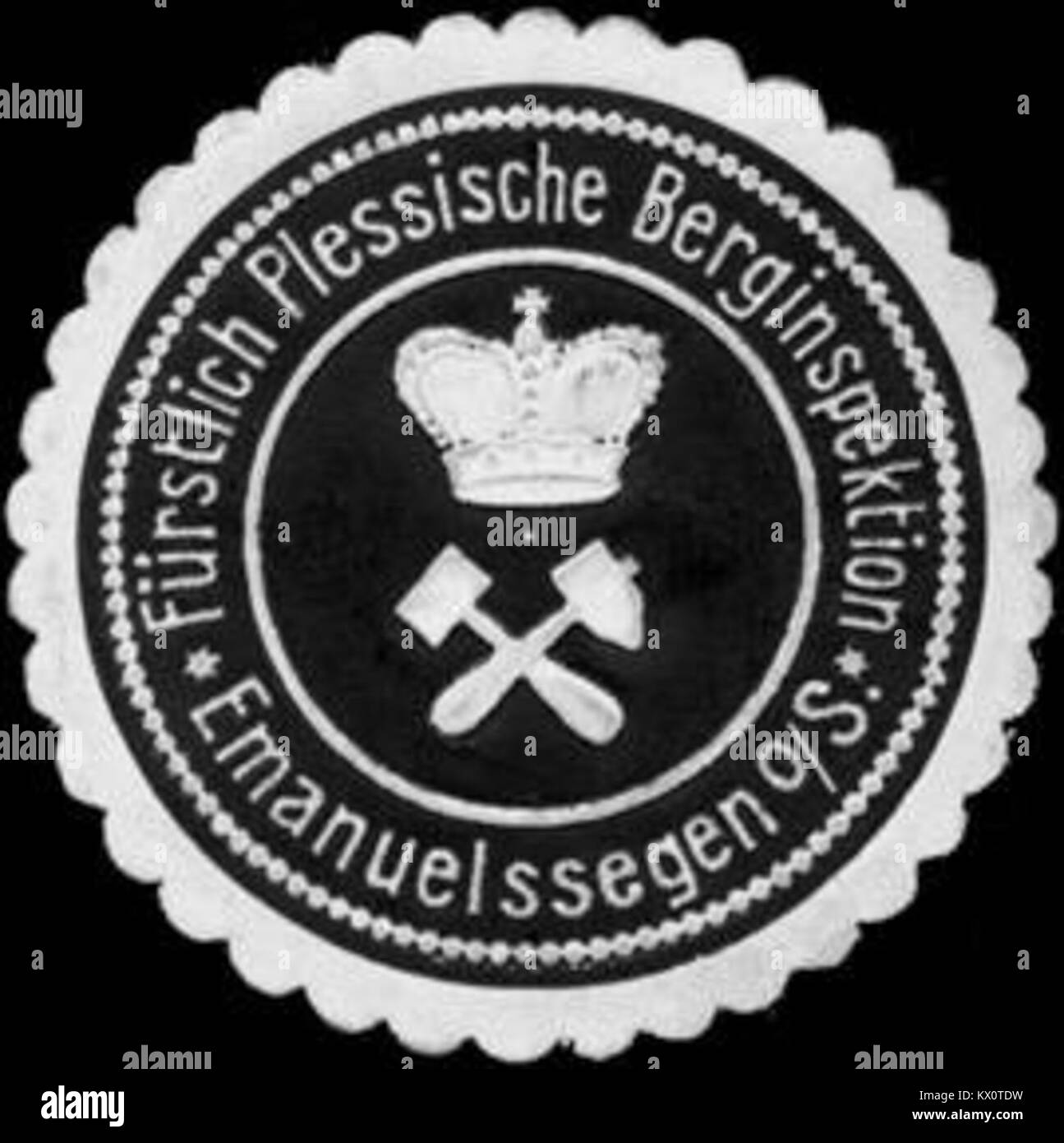 Ce sceau représente la première inspection minière Prince Pless, en haute-Silésie, utilisée pour l'administration minière officielle et la documentation au début du XXe siècle. Banque D'Images
