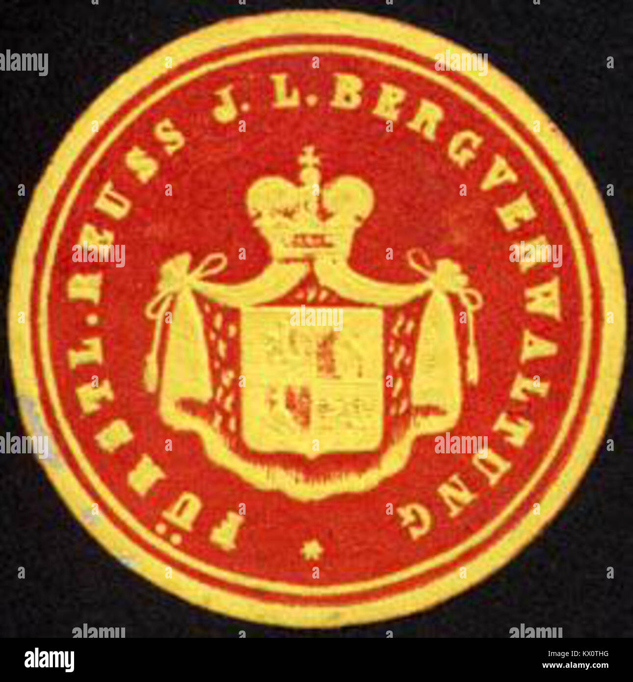 Ce sceau représente l'administration minière de la Principauté de Reuss, reflétant la réglementation historique et la gouvernance des opérations minières de la région à l'époque de la principauté. Banque D'Images