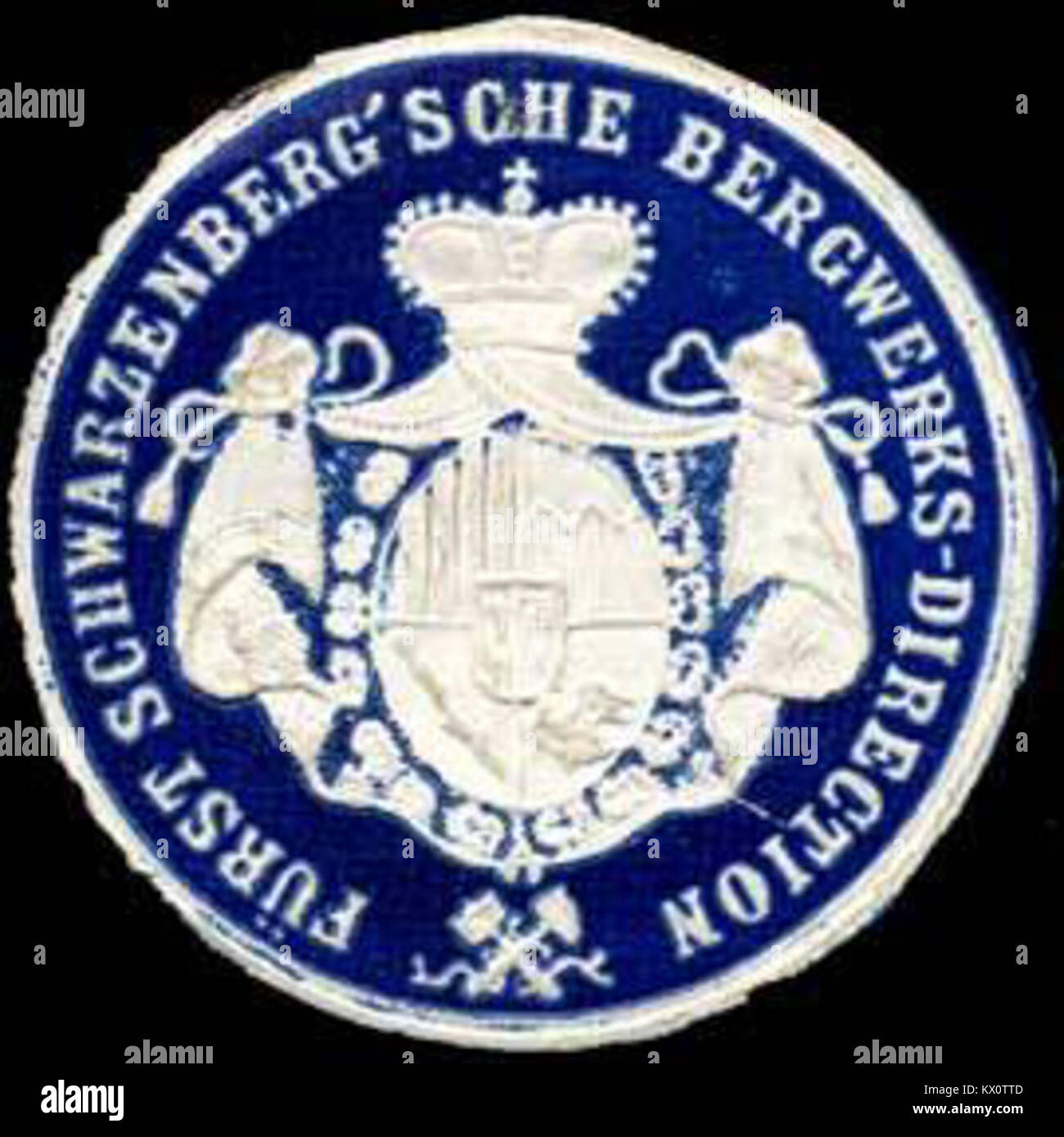 Sceau de la Direction minière princière Schwarzenberg, représentant l'autorité chargée de superviser les opérations minières, l'extraction minière et l'administration de l'industrie dans la région. Banque D'Images