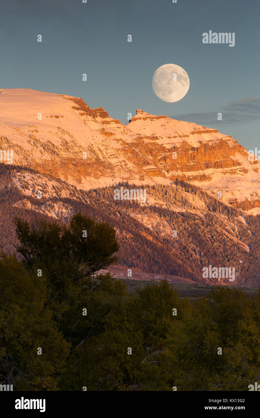 La Lune se levant au-dessus de la tête de l'Indien de couchage, alias, les moutons de montagne les Gros-ventres montagnes. Parc National de Grand Teton, Wyoming Banque D'Images