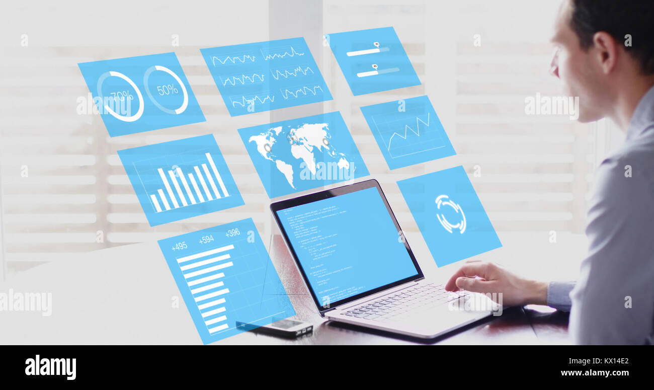 Indicateurs de rendement clés (IRC) sur le tableau de bord d'entreprise, homme d'affaires l'analyse métrique d'opérations financières sur l'écran d'ordinateur virtuel Banque D'Images