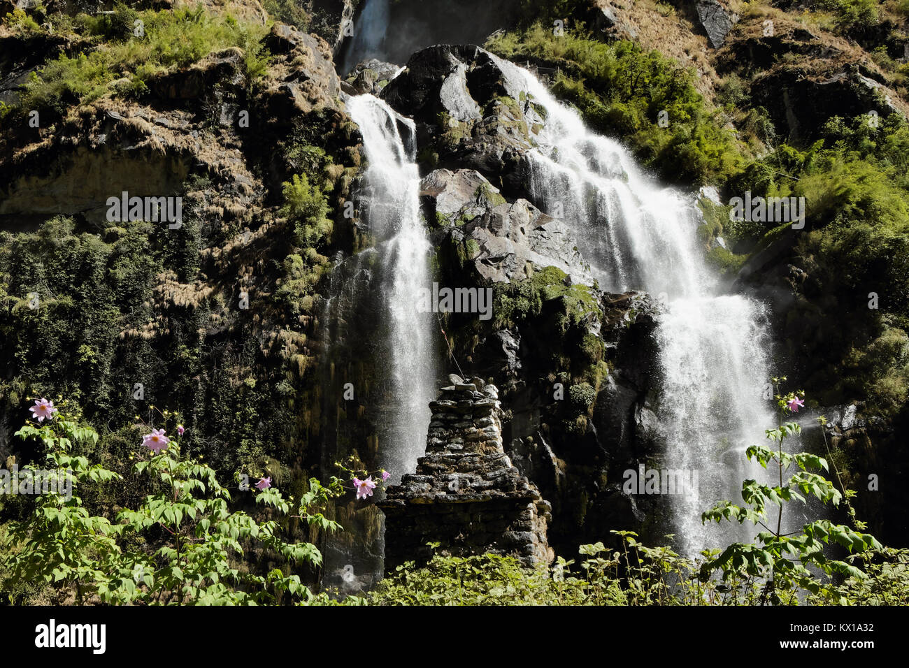 Cascade dans les montagnes au Népal parmi les plantes vertes avec de vieux buddist chorten monument Banque D'Images Cascade dans les montagnes au Népal parmi les plantes vertes avec de vieux buddist chorten monument Banque D'Images