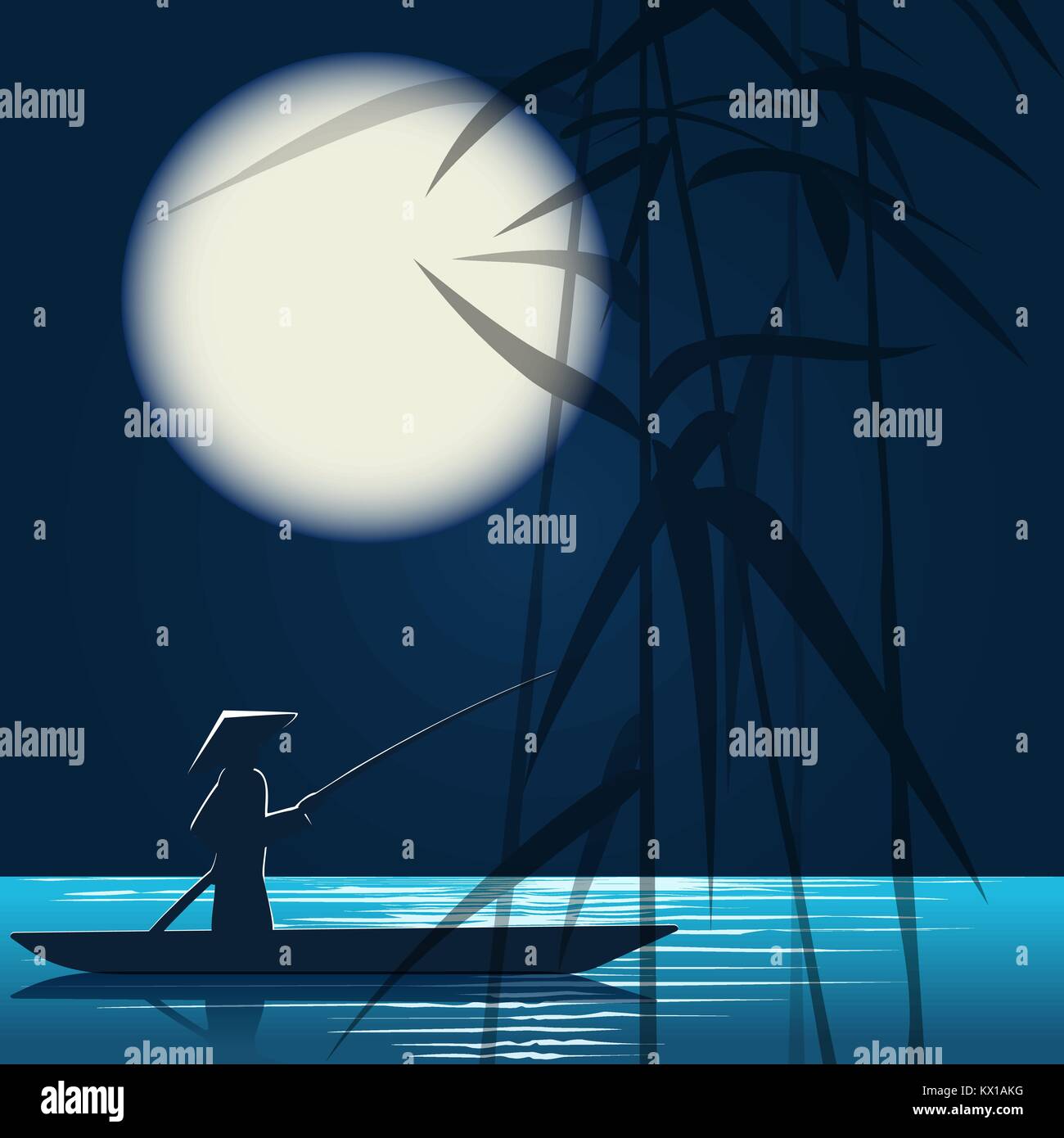 Pêcheur dans un bateau au nuit de pleine lune. Vector illustration. Illustration de Vecteur