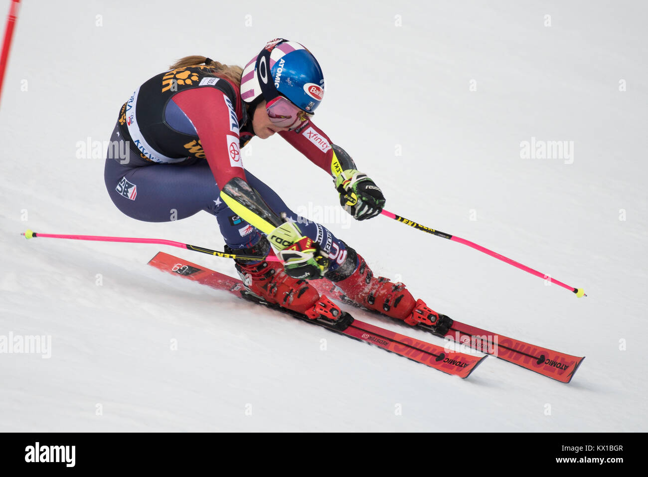 Kranjska Gora, Slovénie. 06 Jan, 2018. Mikaela Shiffrin des Etats-Unis d'Amérique en compétition lors de la course de slalom géant à la 54e Golden Fox de la Coupe du Monde de Kranjska Gora, en Slovénie, le 6 janvier 2018. Credit : Rok Rakun/Pacific Press/Alamy Live News Banque D'Images