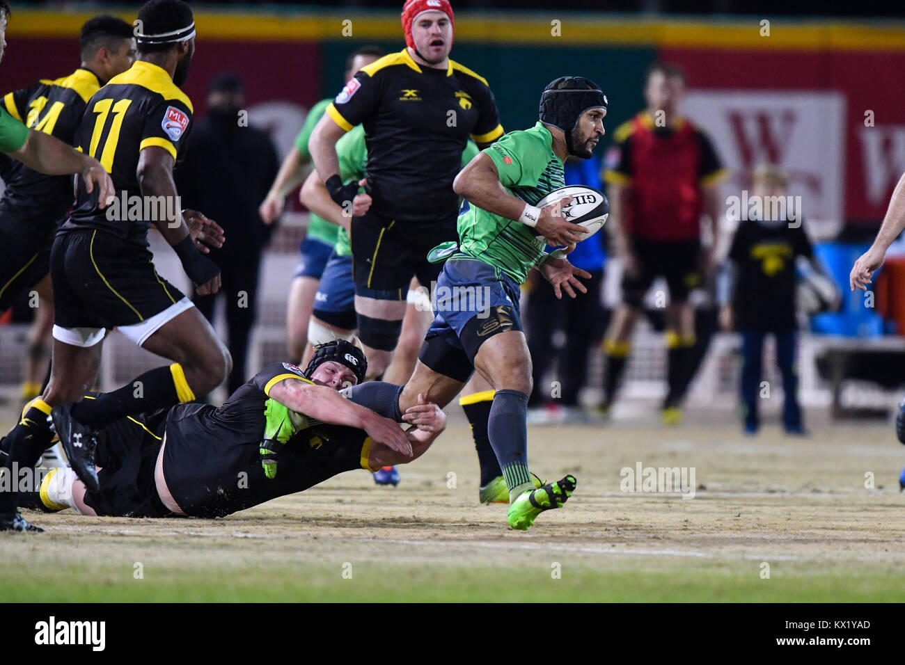 Sugarland, Texas, USA. 6 janvier, 2018. Seattle Sarrasins Sequoyah Burke-Combs (13) en action au cours de la MLR adéquation entre les Saracens et le Seattle Houston SaberCats au champ Constellation à Sugarland, TX. Chris Brown/CSM/Alamy Live News Banque D'Images