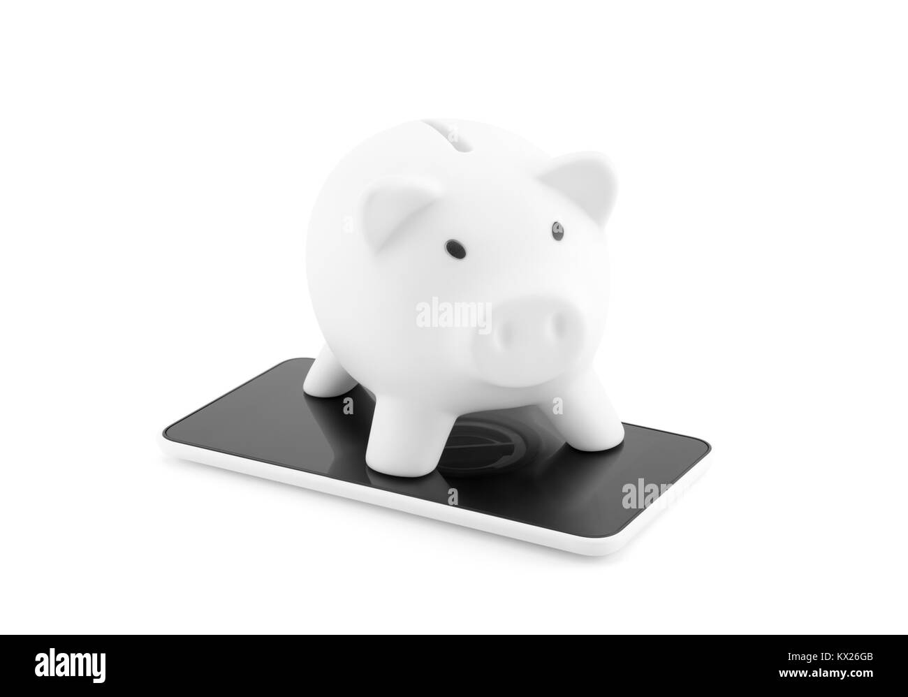 White piggy bank with mobile phone on white background Banque D'Images