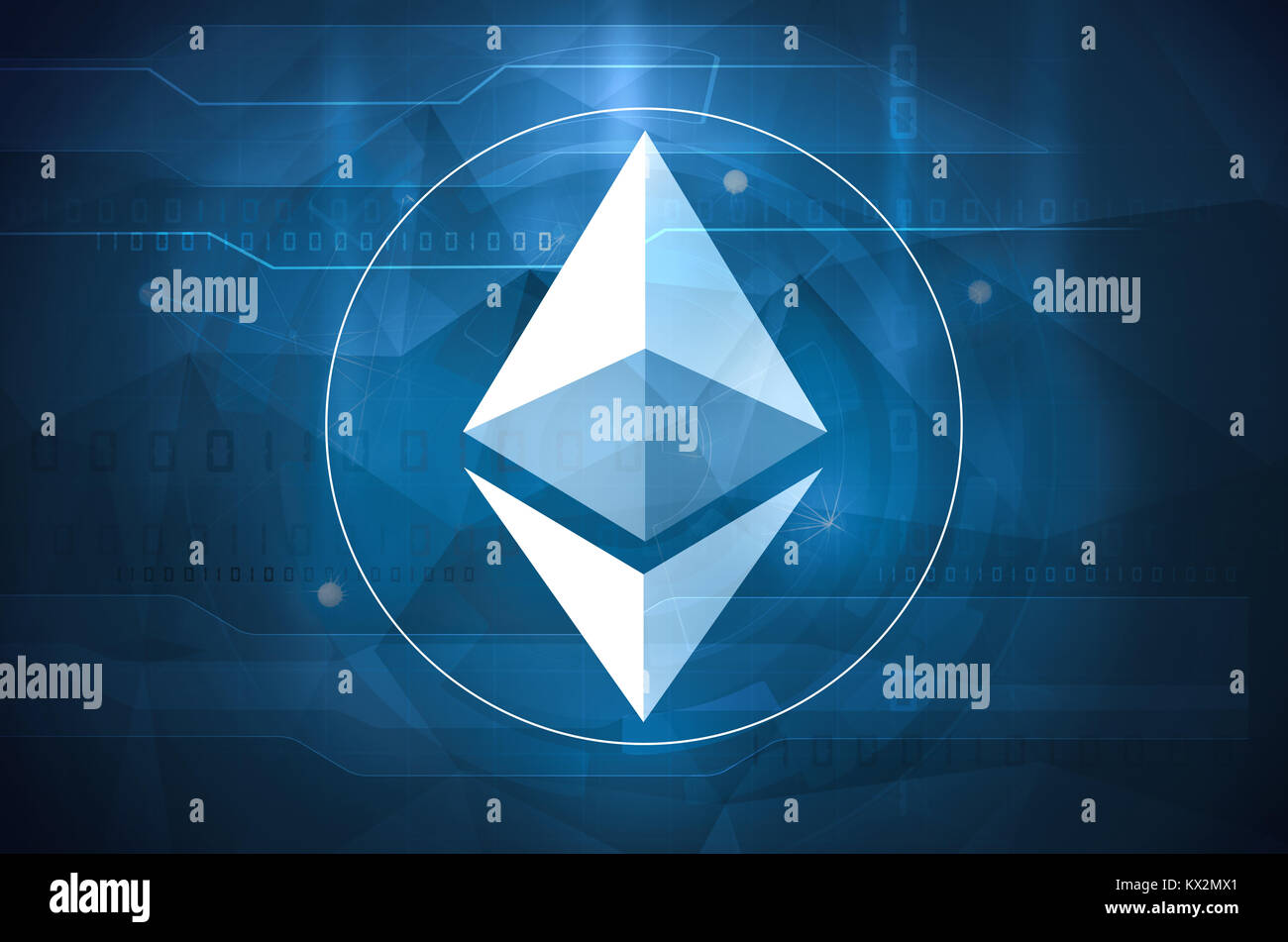 Ethereum symbole sur fond bleu abstrait Banque D'Images