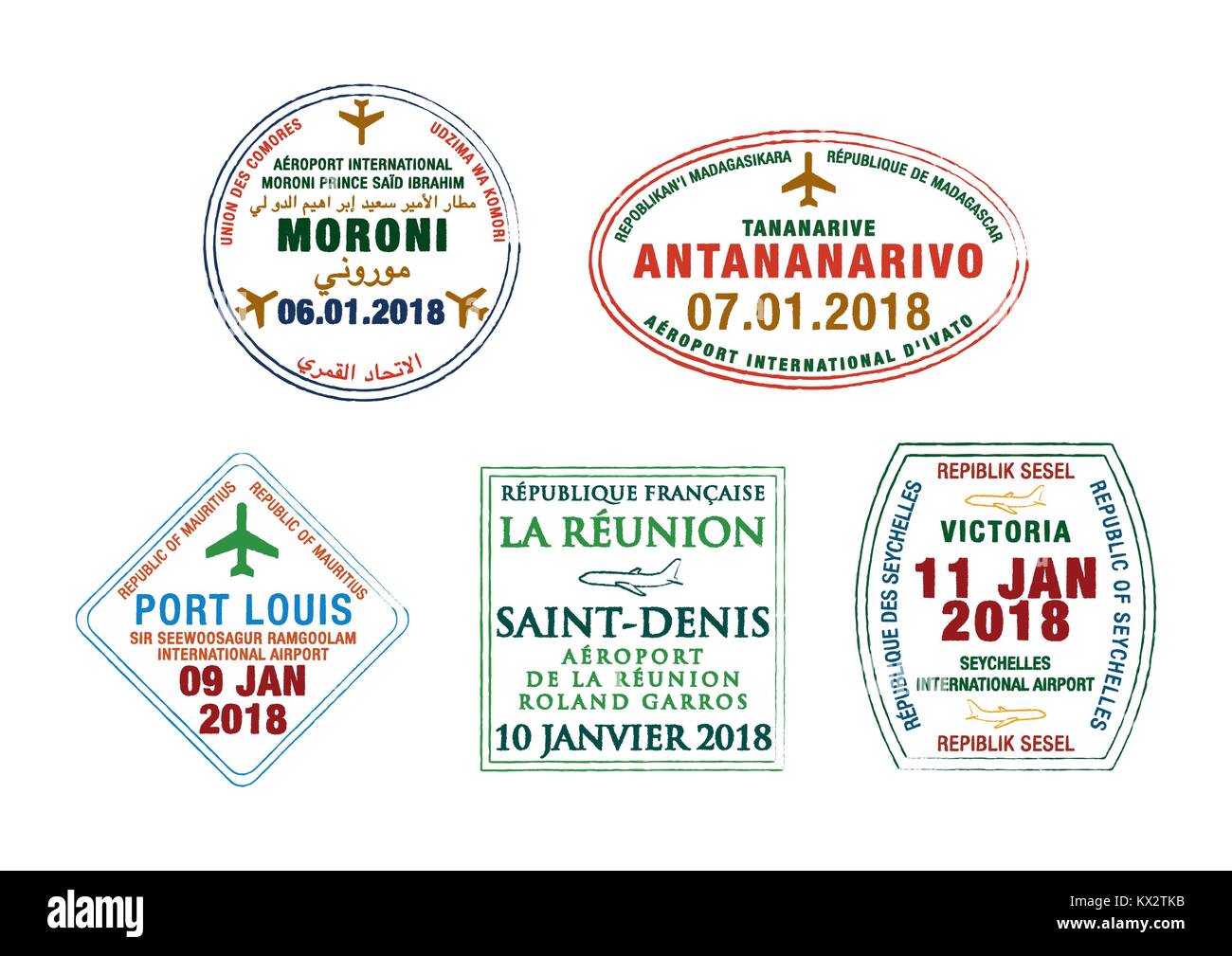 Ensemble de timbres de passeport stylisé pour les aéroports de Madagascar, Seychelles, Comores, la Réunion et Maurice en format vectoriel. Illustration de Vecteur