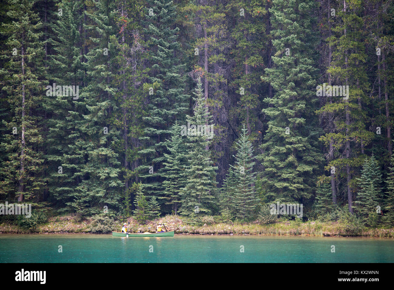 Canoéistes pagayant le long de la rive du lac Minnewanka dans le parc national Banff Banque D'Images