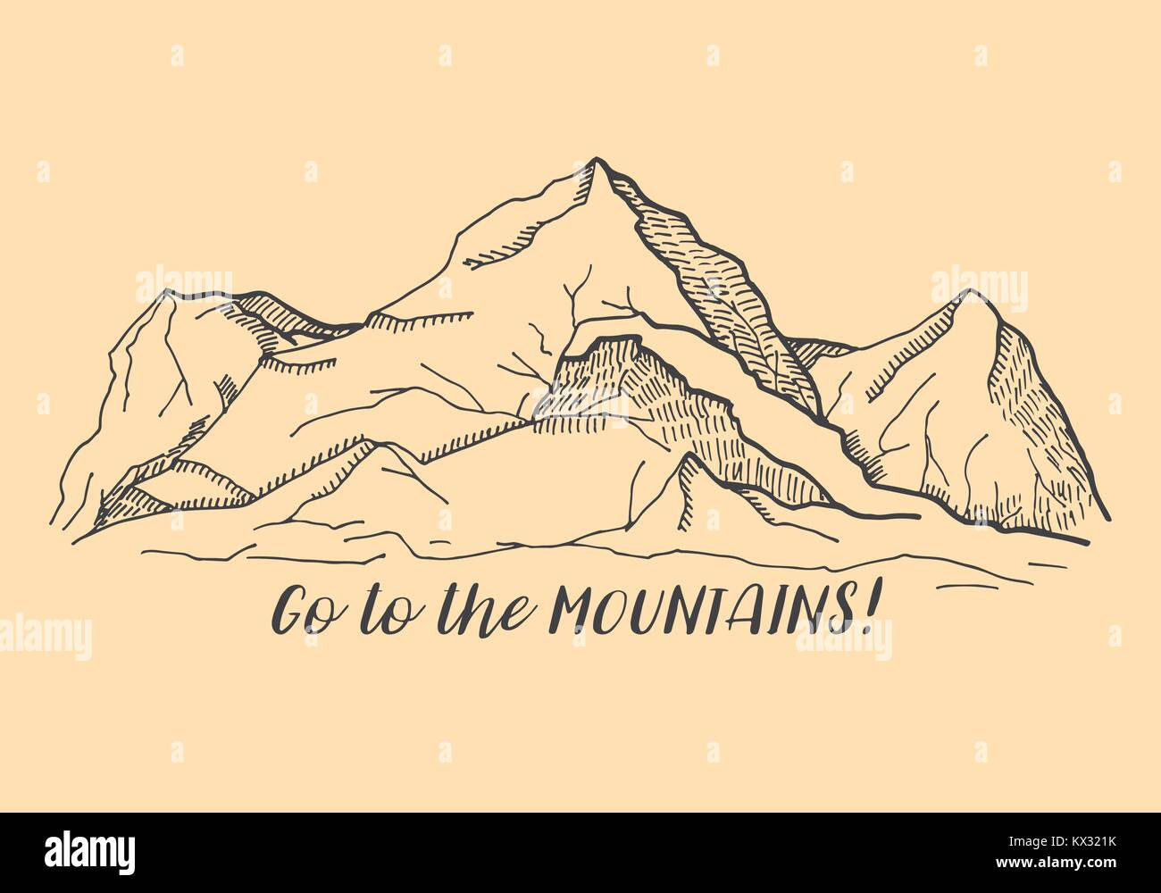 Les montagnes. L'inscription : Rendez-vous sur les montagnes. Vector illustration d'un croquis de style. Illustration de Vecteur