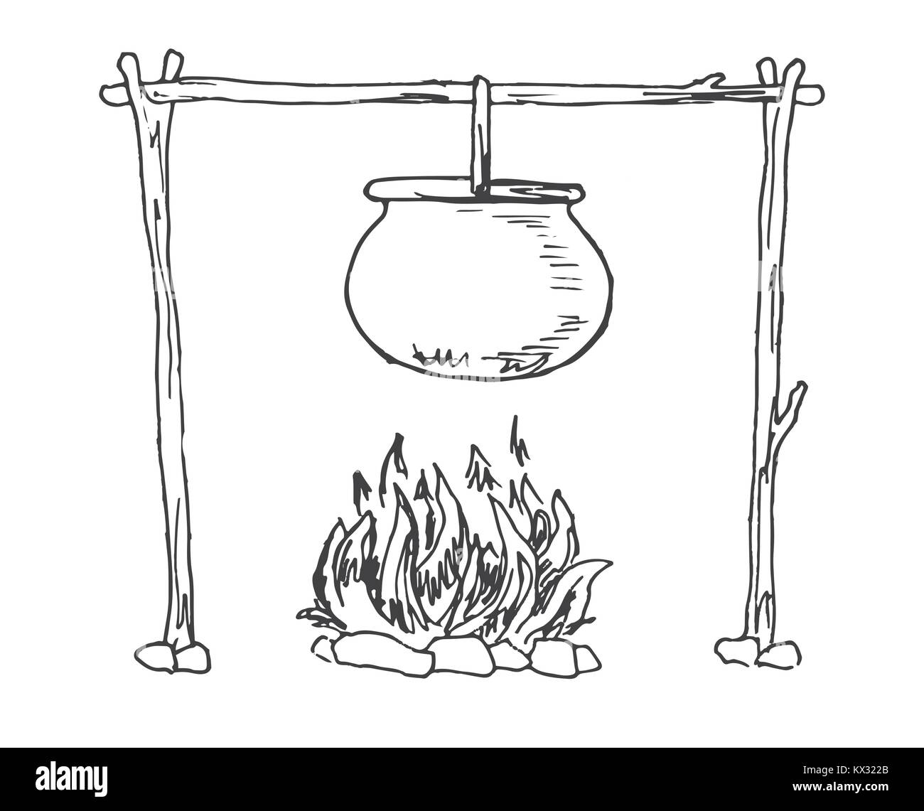 Feu de joie. Marmite suspendue au-dessus de l'incendie. Vector illustration d'un croquis de style. Illustration de Vecteur