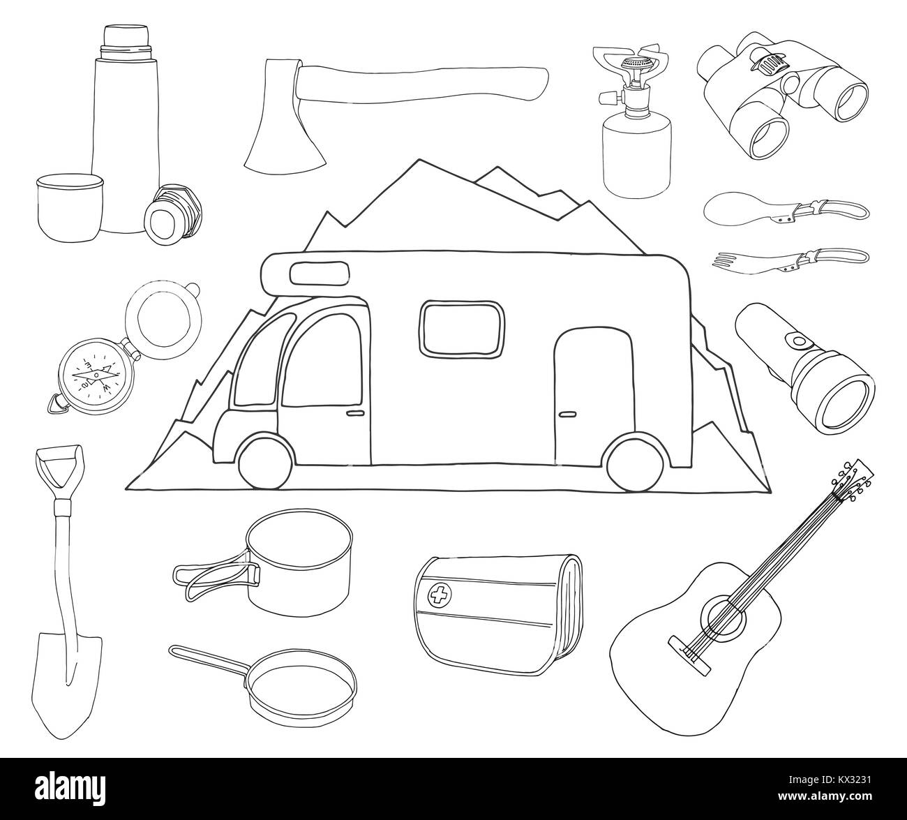 Tourisme et camping set. Camping-sur fond de montagnes. Logo emblème, location de camping. Hand drawn vector illustration d'un croquis de style. Illustration de Vecteur