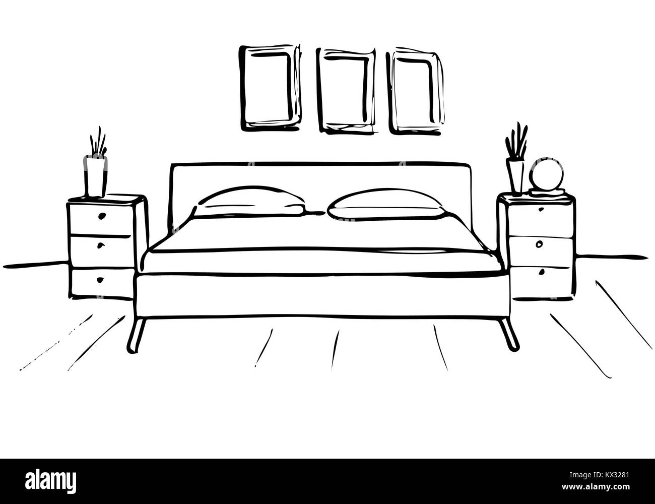 Croquis dessinés à la main. Croquis d'un linéaire de l'intérieur. Ligne croquis chambres. Vector illustration. Plan de salle. Illustration de Vecteur