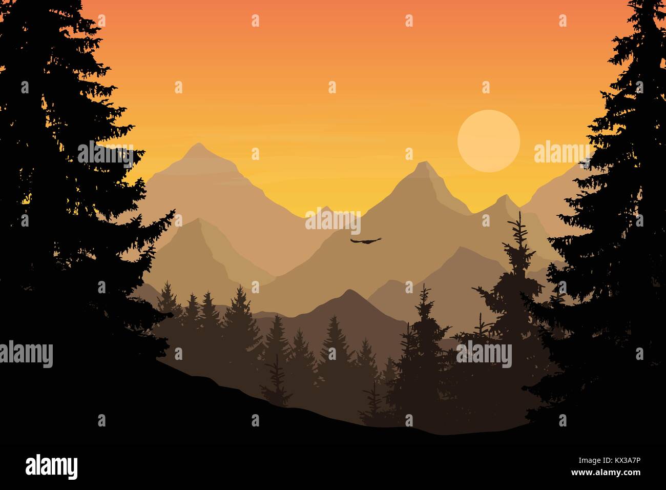 Vector illustration de paysage de montagne avec la forêt et les oiseaux en plein vol sous ciel nuageux avec Dawn Illustration de Vecteur