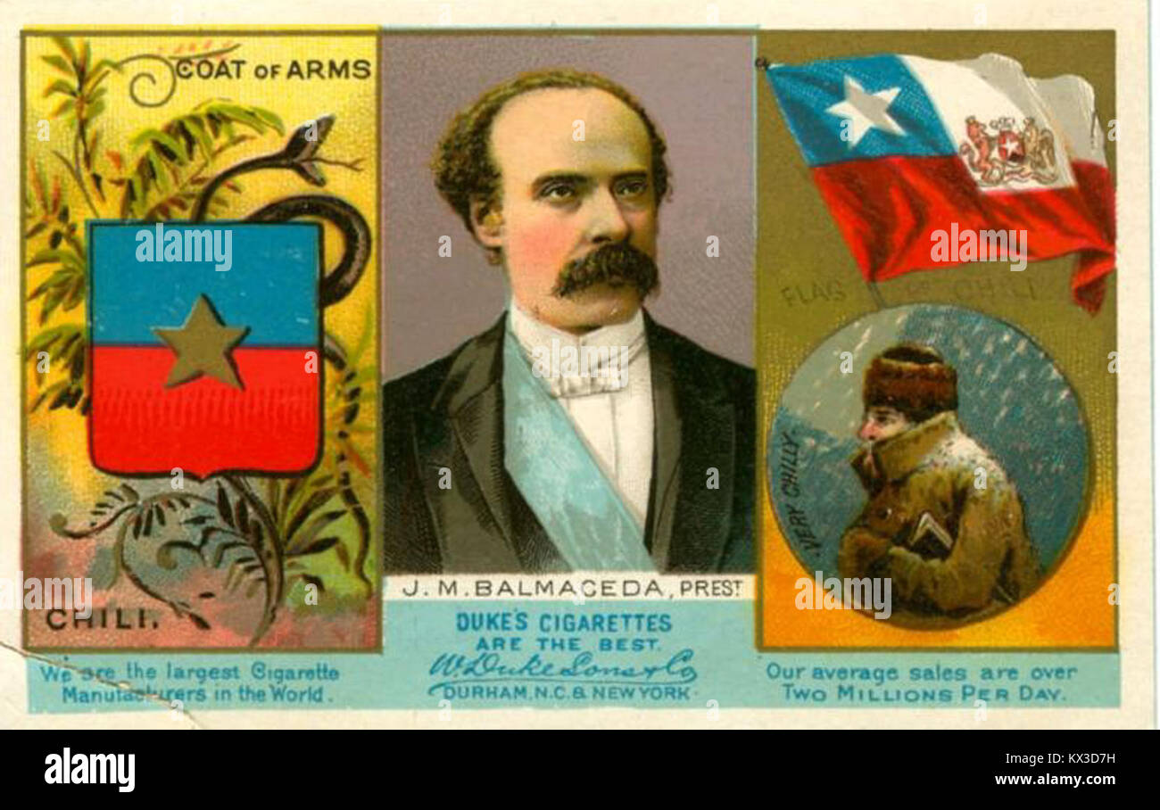 Carte de commerce émise par W. Duke, sons & Co en 1889 pour la série ''monnaies de toutes les Nations'', montrant les armoiries et le drapeau du Chili sous la présidence de José Manuel Balmaceda. Banque D'Images
