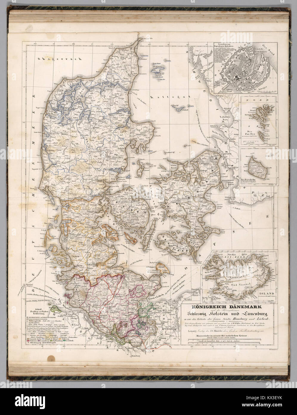 Une carte du Danemark de 1847, réalisée par Christian Gottfried Daniel Stein, illustrant la géographie, les divisions administratives et les limites territoriales du pays au XIXe siècle sous une forme cartographique détaillée. Banque D'Images